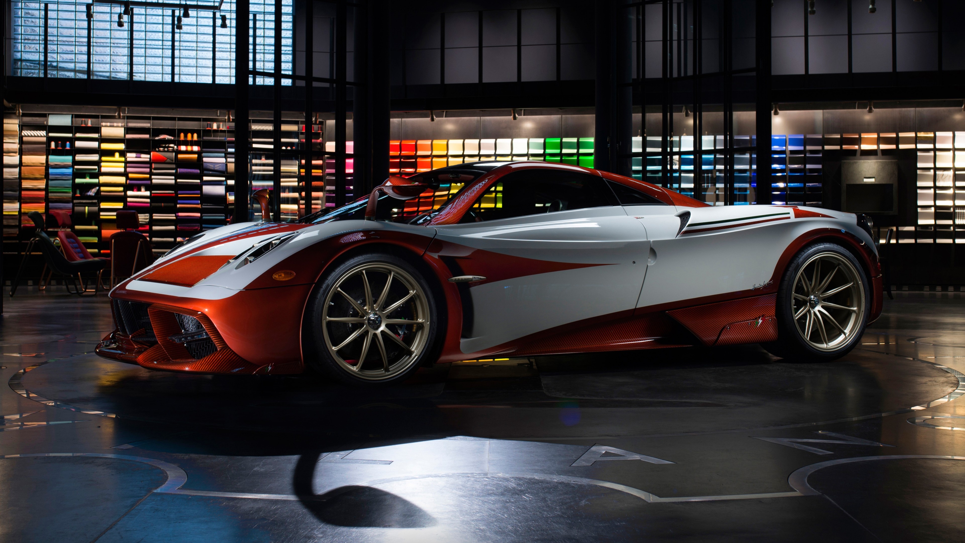 Pagani Huayra Lampo, Atelier Pagani showroom, Color swatch display wall, 4K Desktop wallpaper