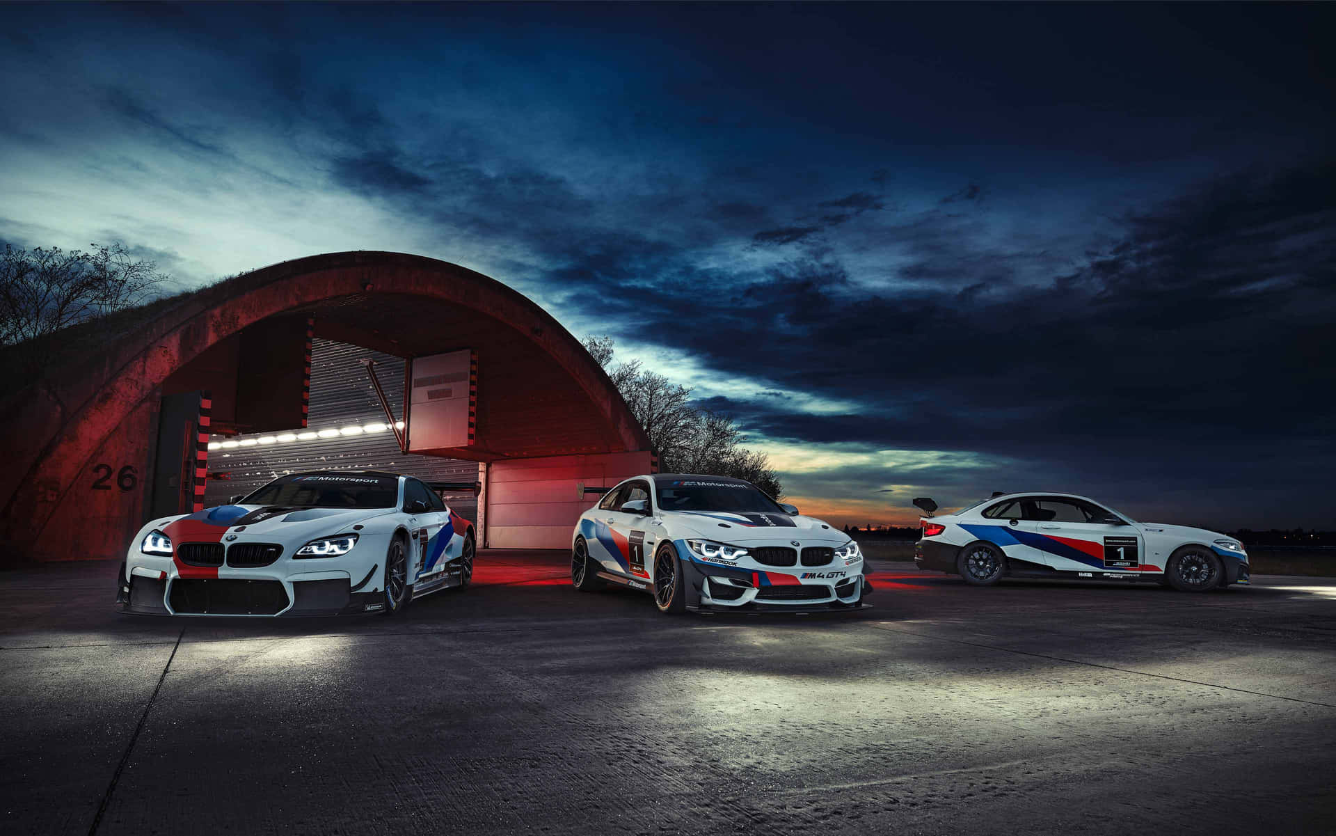 BMW M6 GT3, BMW M4 GT4, BMW M235i Racing, Hardened aircraft shelter, HD Desktop wallpaper