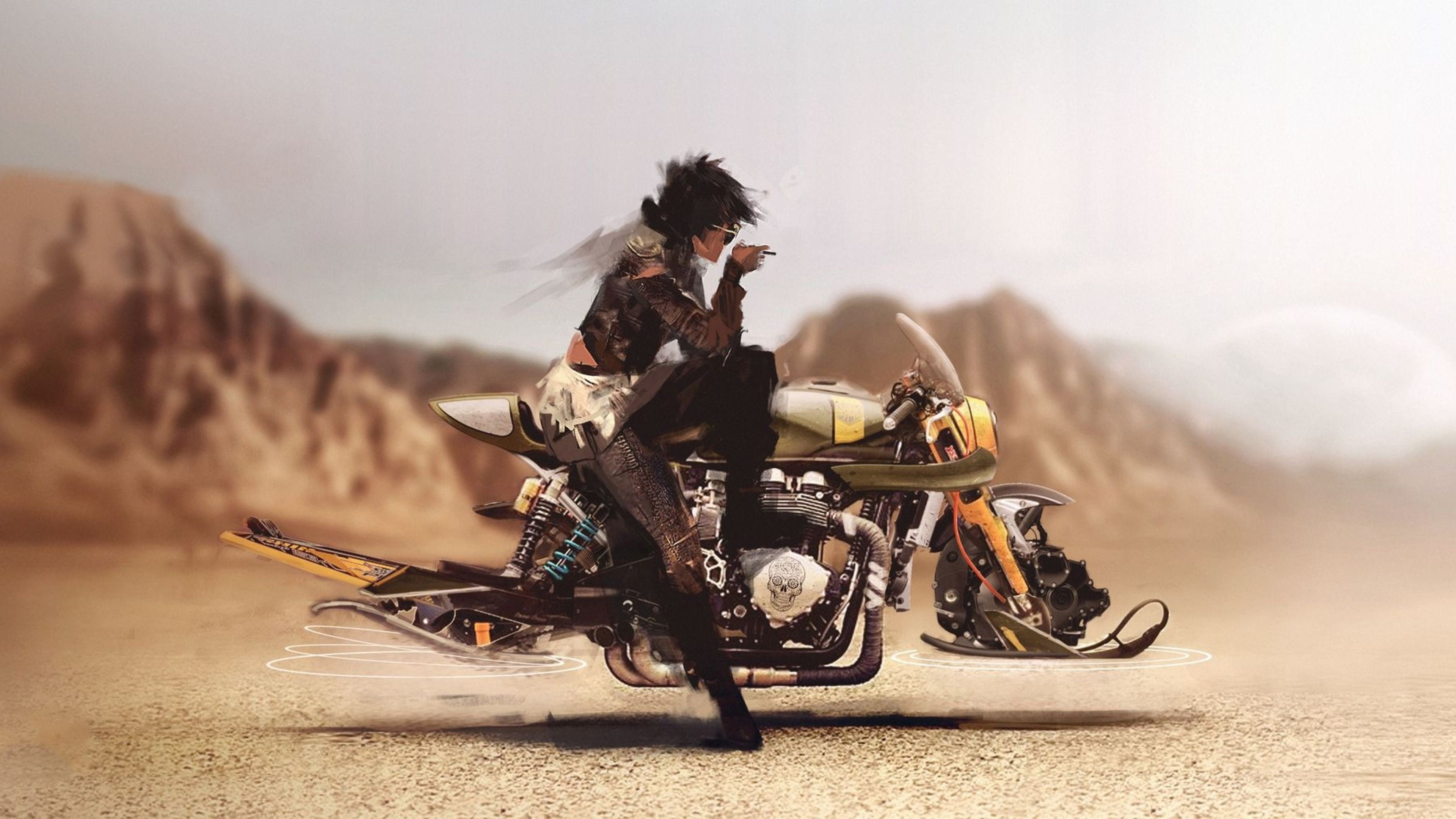 Male character riding floating motorcycle, Digital game wallpaper, Futuristic setting, Exciting gameplay, 3840x2160 4K Desktop