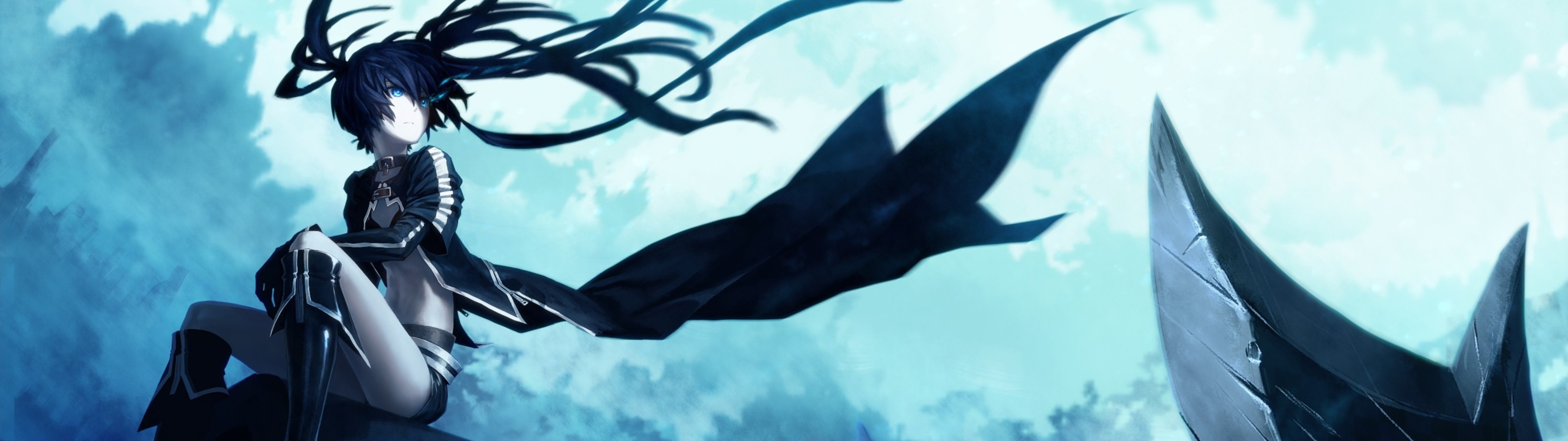 Black Rock Shooter, Illustrated wallpaper, Anime art, Dual monitor wallpapers, 3840x1080 Dual Screen Desktop