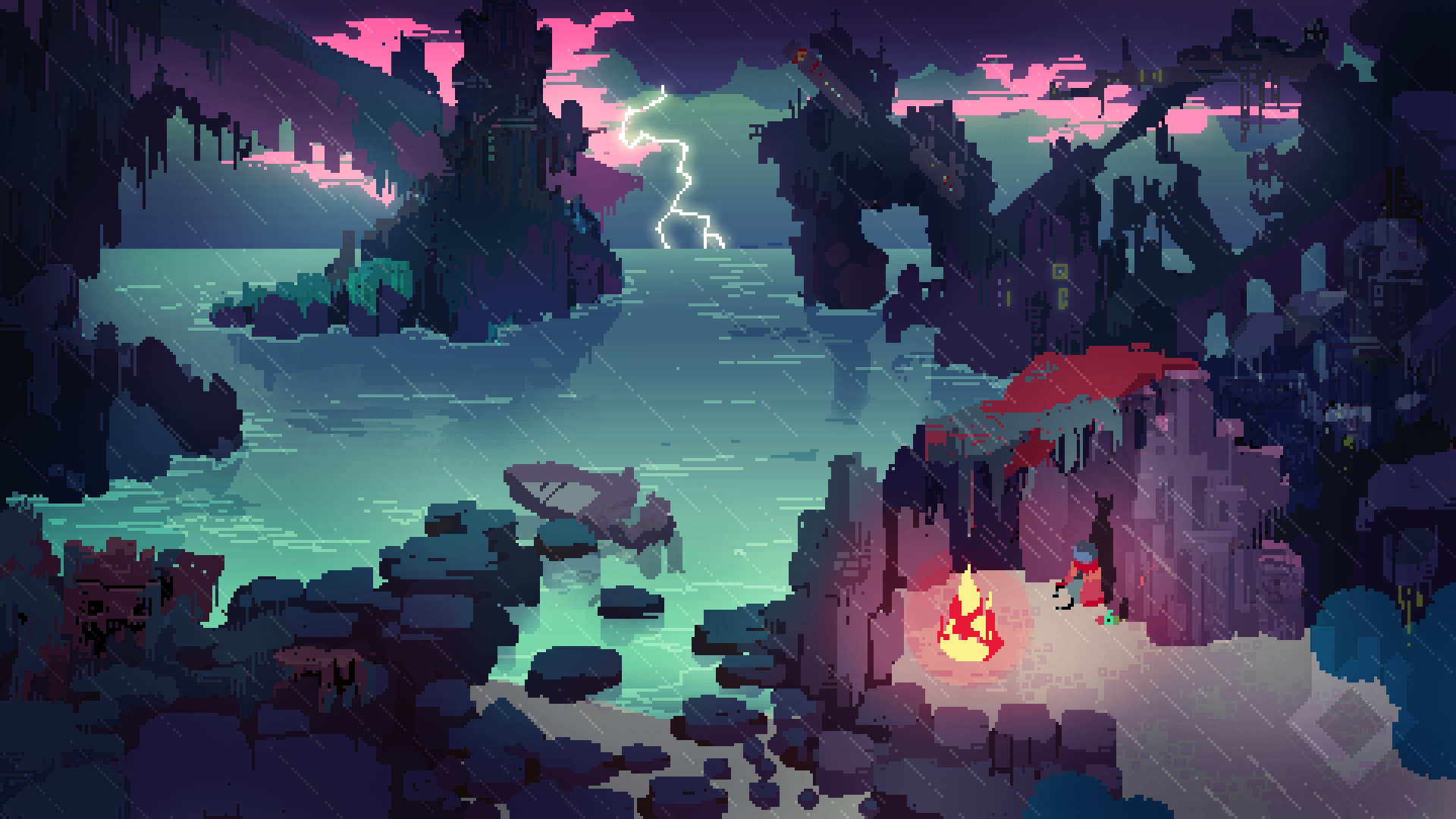 Hyper Light Drifter, The Drifter, coastal ruins campfire, Full HD Desktop wallpaper