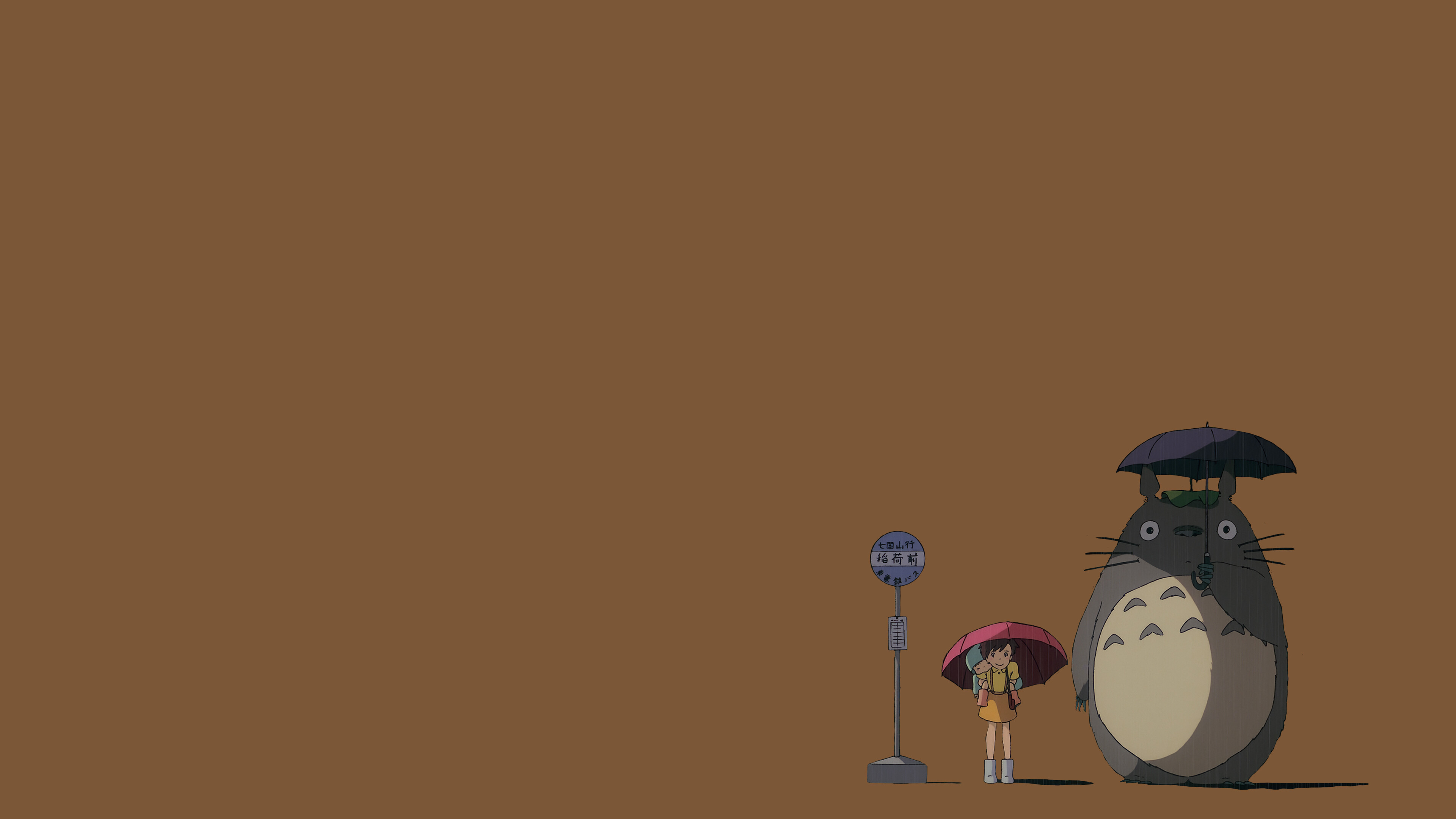 Totoro, Satsuki, Minimalist brown background, Red umbrella at bus stop, 4K Desktop wallpaper