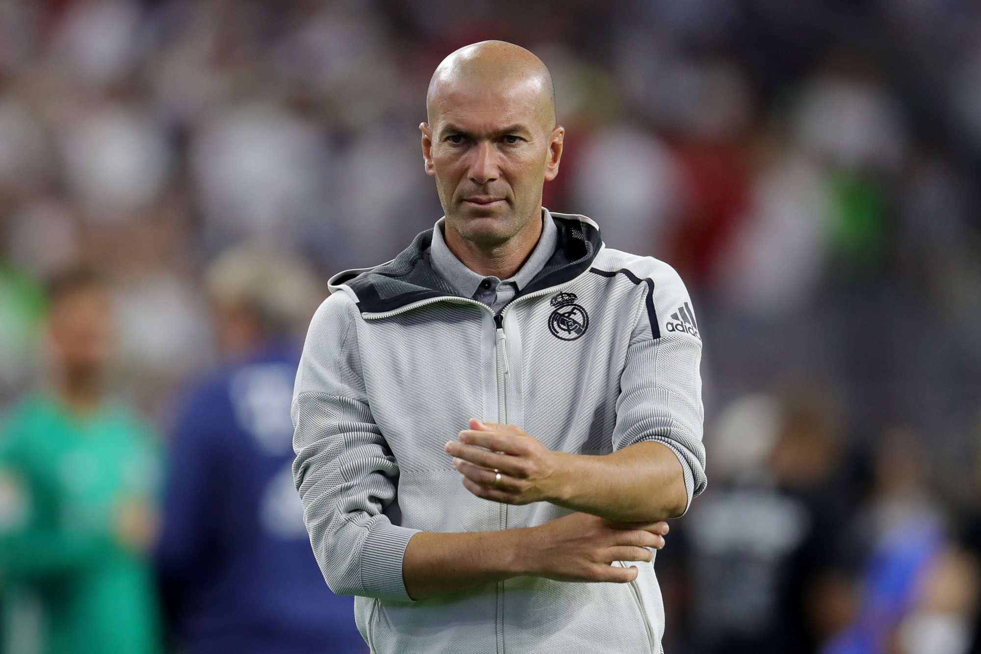 Zinedine Zidane, Real Madrid CF training jacket, Football stadium sideline, HD Desktop wallpaper