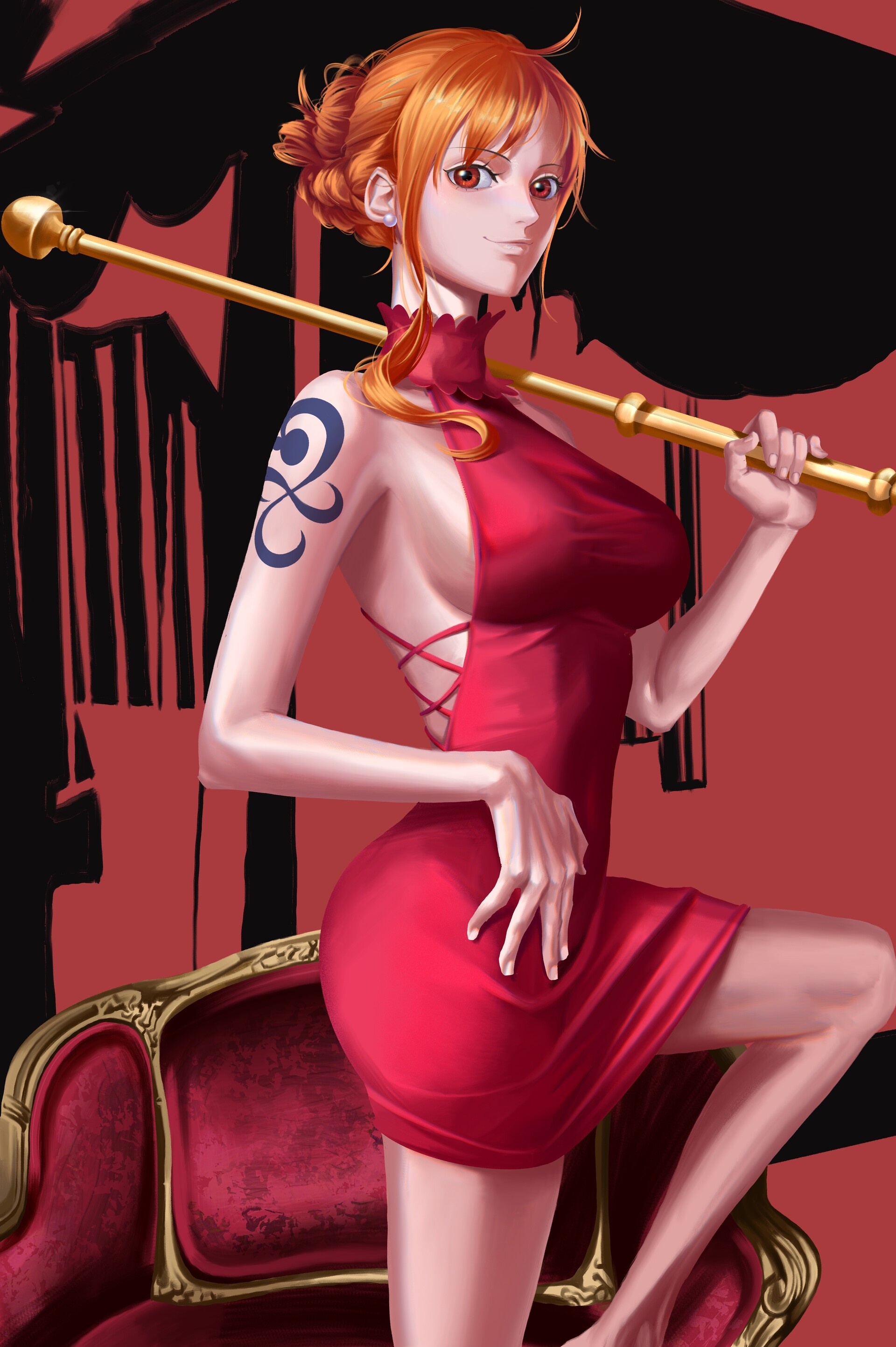 Nami, Sorcery Clima-Tact, backless red dress, HD Phone wallpaper