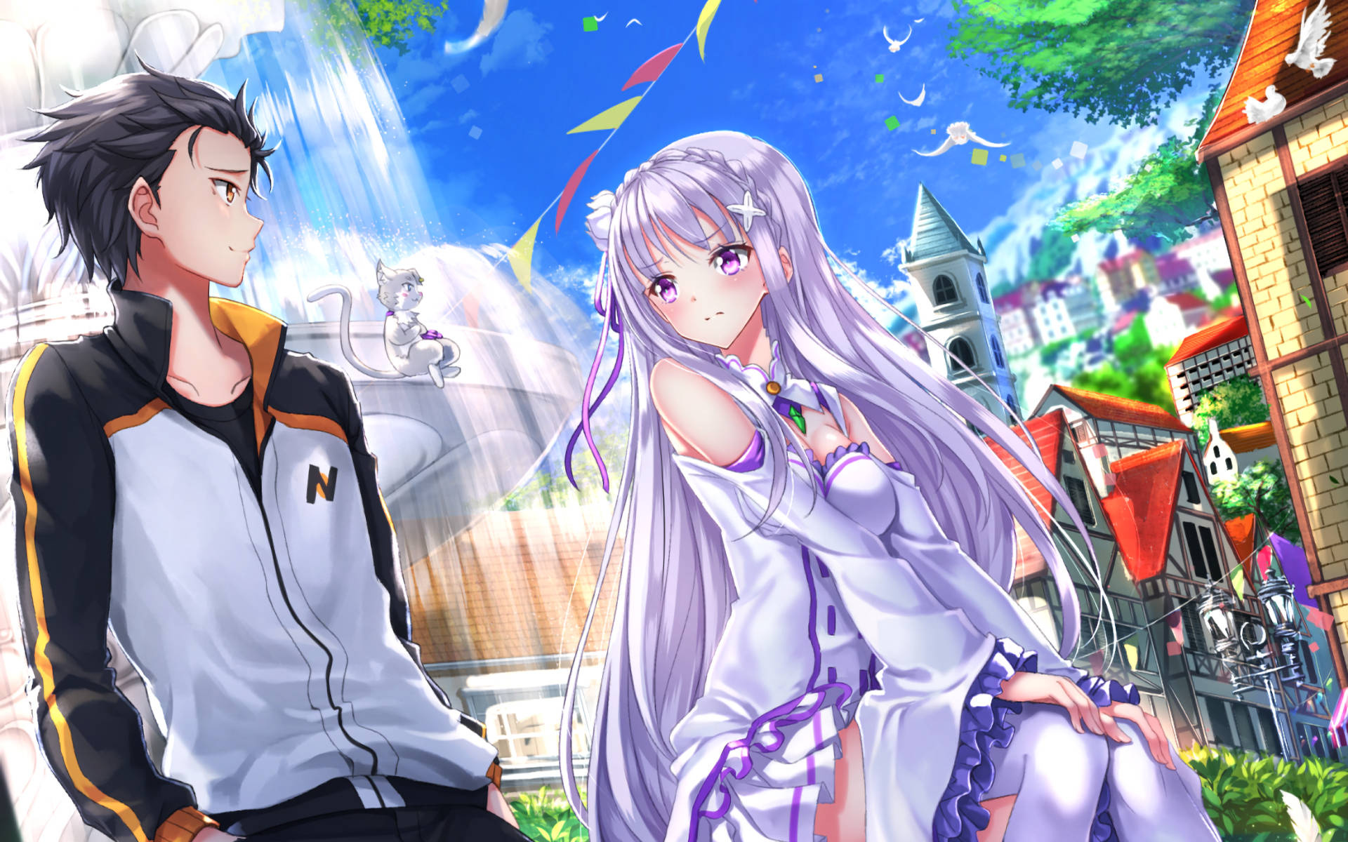 Emilia, Subaru Natsuki, Puck, Lugnica city fountain, HD Desktop wallpaper