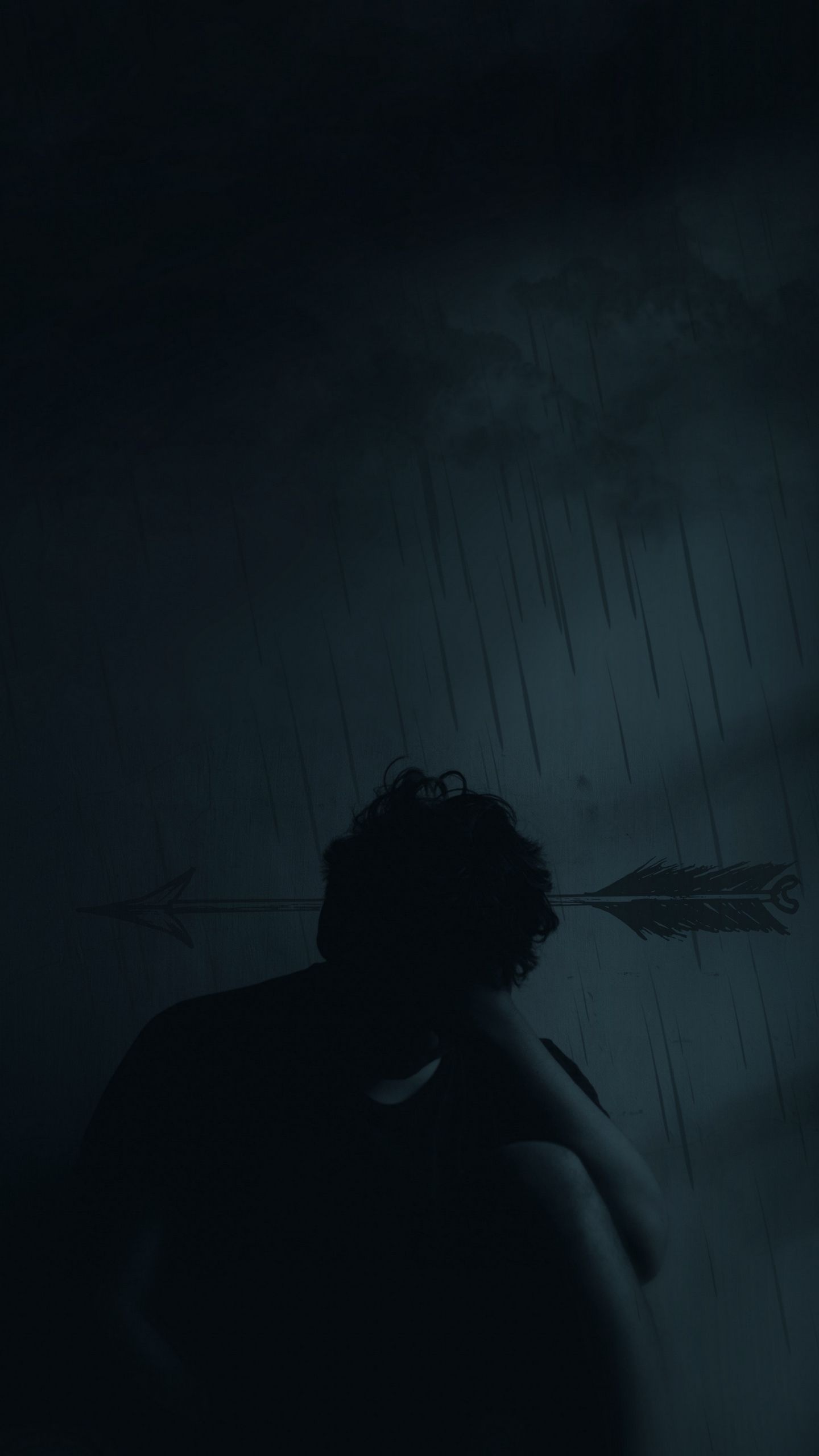 Curled person silhouette, Piercing arrow illustration, Dark rainy sky, HD Phone wallpaper