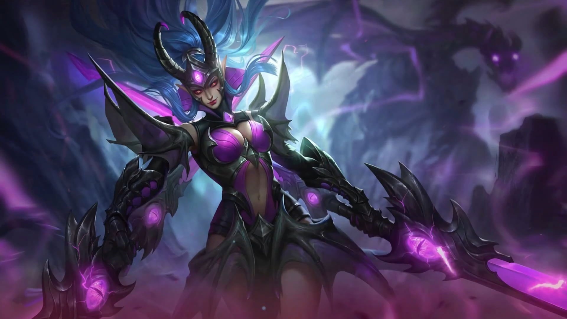 Karina, Mobile Legends: Bang Bang, glowing purple twin blades, Full HD Desktop wallpaper