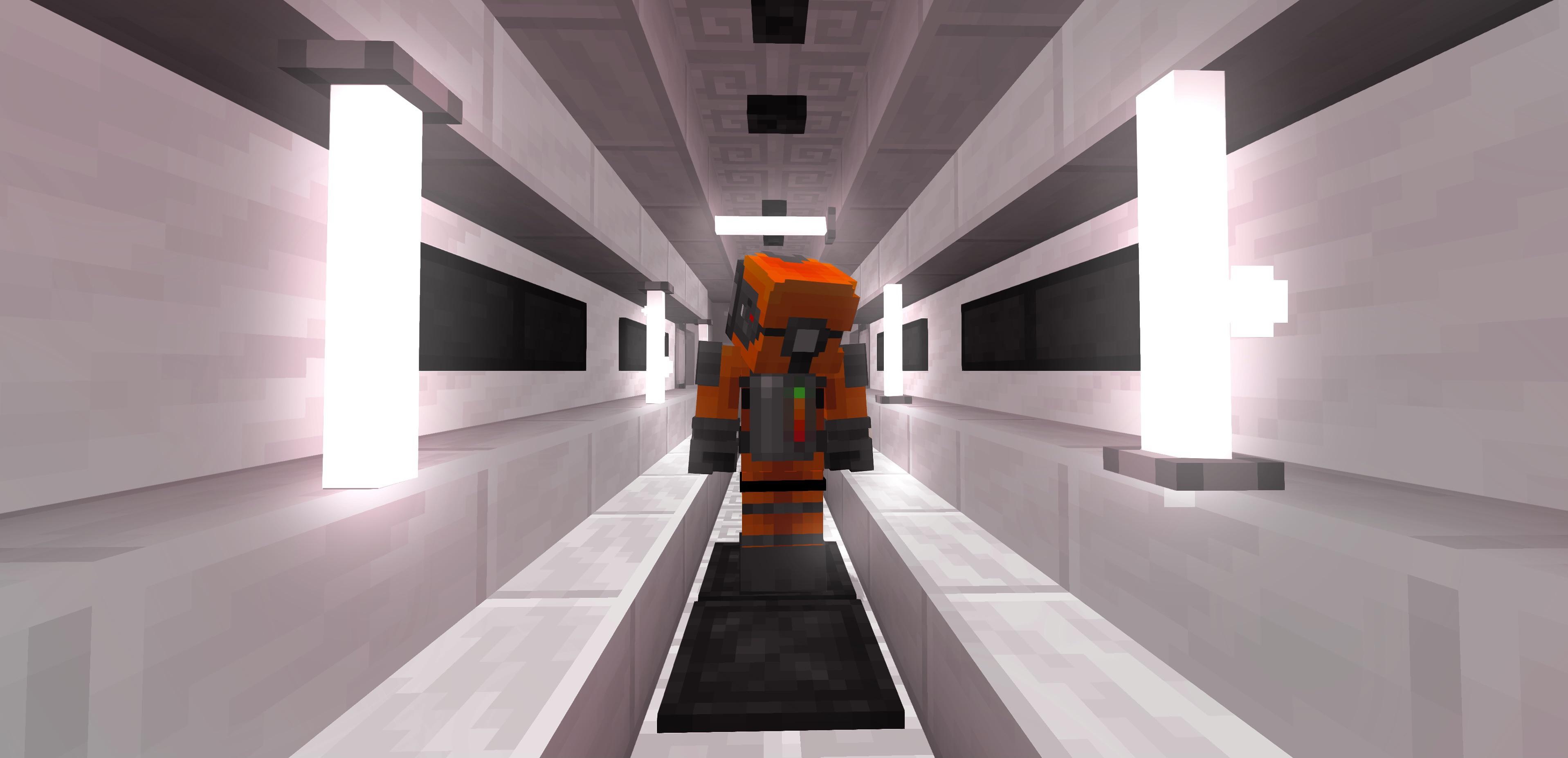 Minecraft adaptation, Space Odyssey homage, Creative recreation, Kubrick in-game, Sci-fi reinterpretation, 3840x1860 Dual Screen Desktop