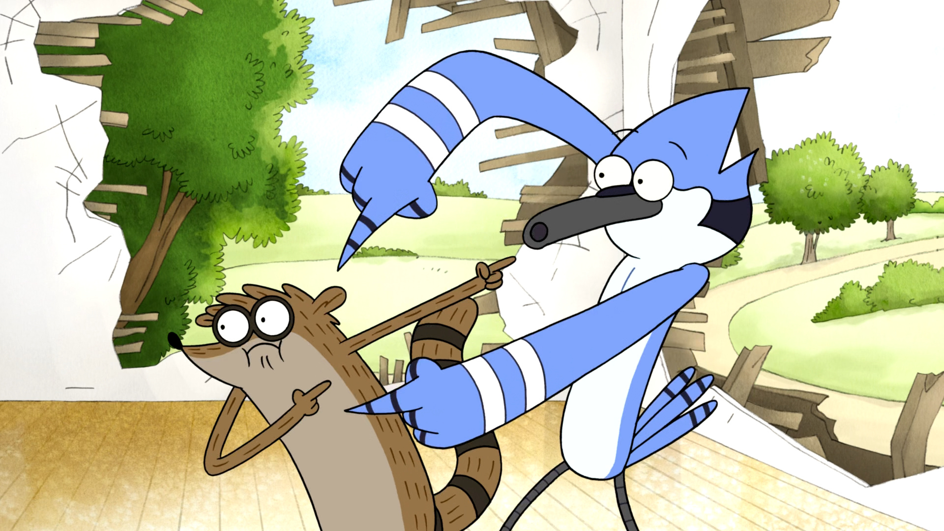 Mordecai pointing through smashed wall, Rigby raccoon, Hole broken open to the park, Regular Show, Full HD Desktop wallpaper
