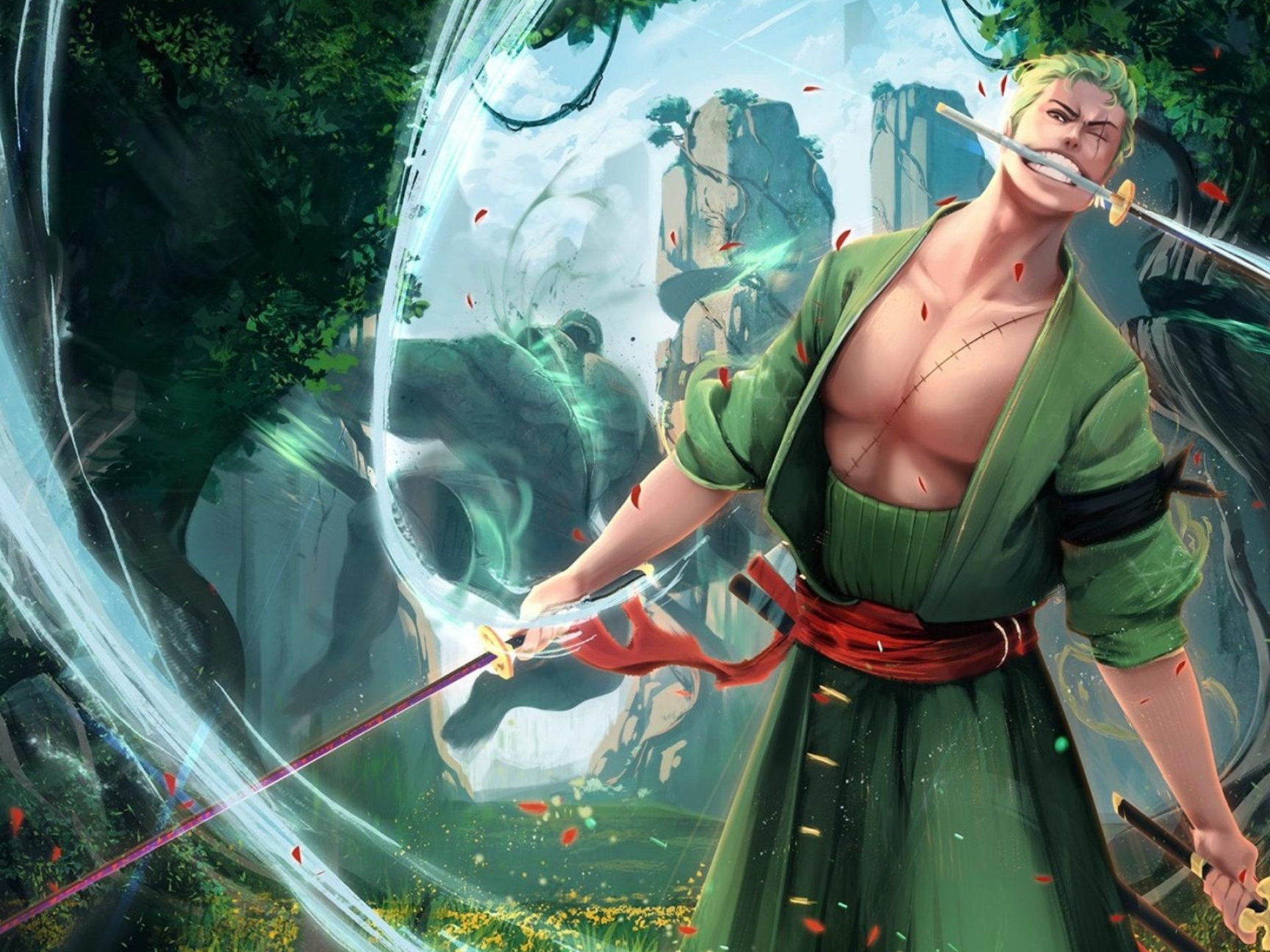 Roronoa Zoro, giant stone golem, curved sword slash effect, HD Desktop wallpaper