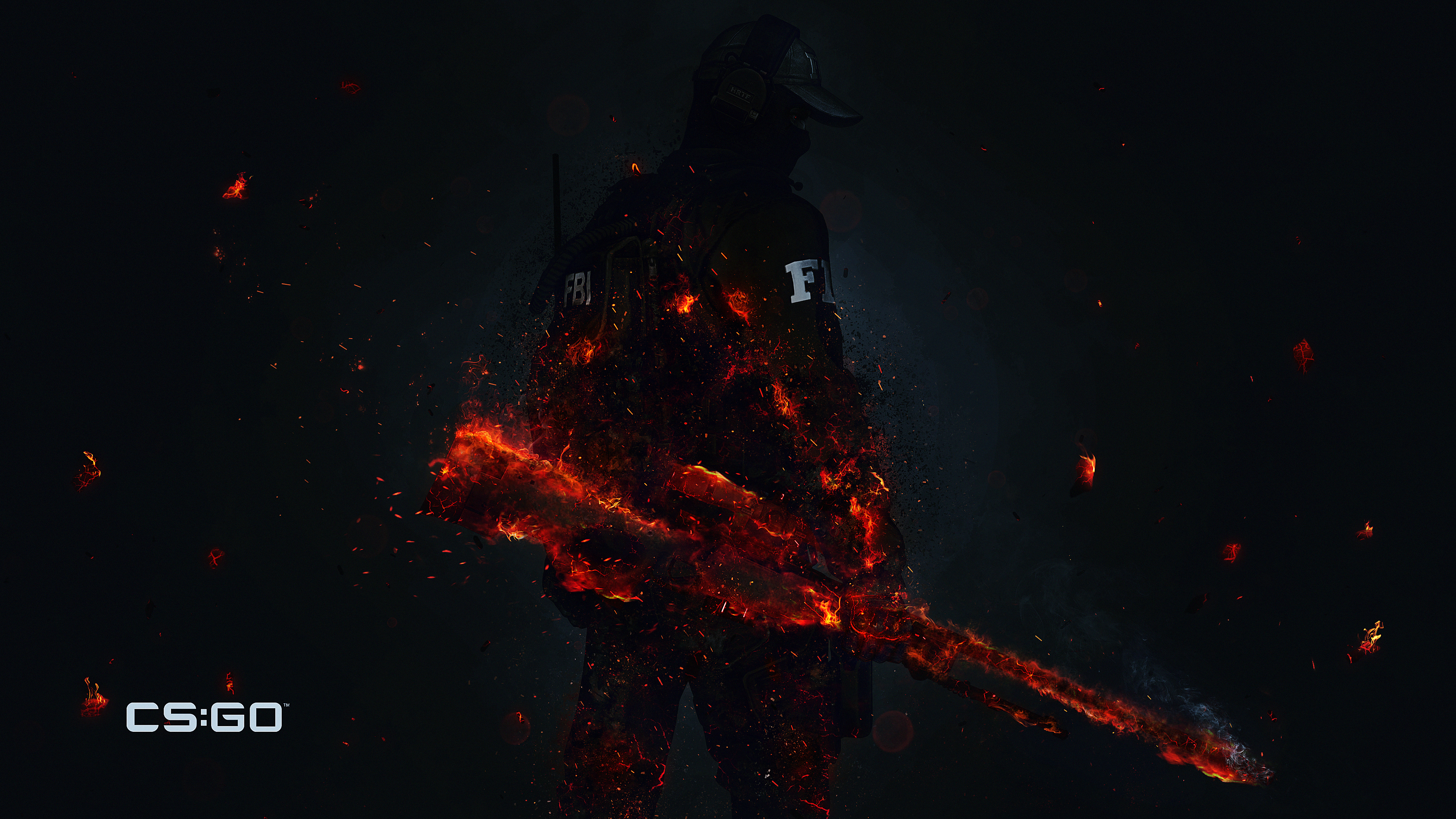 CS:GO FBI operator, burning AWP sniper rifle, CS:GO logo, 4K Desktop wallpaper