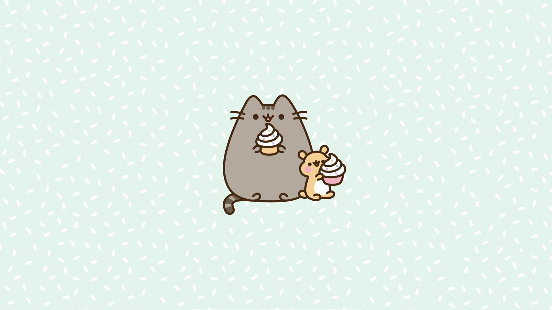 Pusheen the Cat, Cheek the Hamster, Frosted dessert cupcakes, Full HD Desktop wallpaper