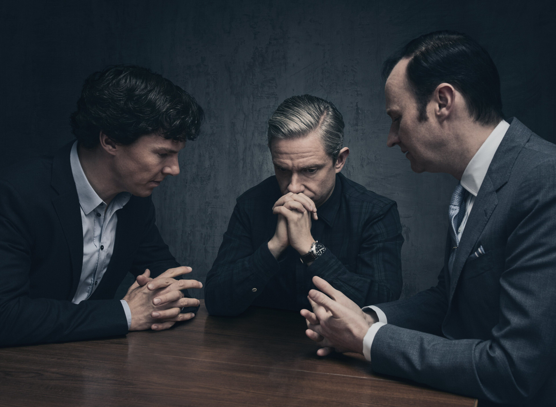 Table trio, Sherlock Holmes, Martin Freeman, Mark Gatiss, 1920x1410 HD Desktop