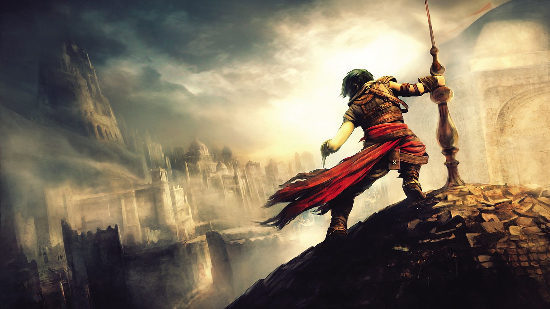 Prince of Persia character, Babylon cityscape, Flowing red sash, Full HD Desktop wallpaper
