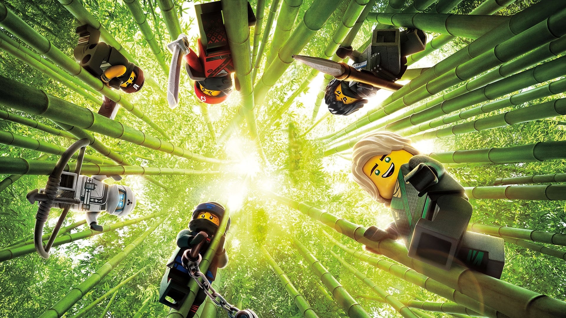 Lloyd unmasked in green, Ninja circle in bamboo, Sunlit bamboo grove, The LEGO Ninjago Movie, Full HD Desktop wallpaper