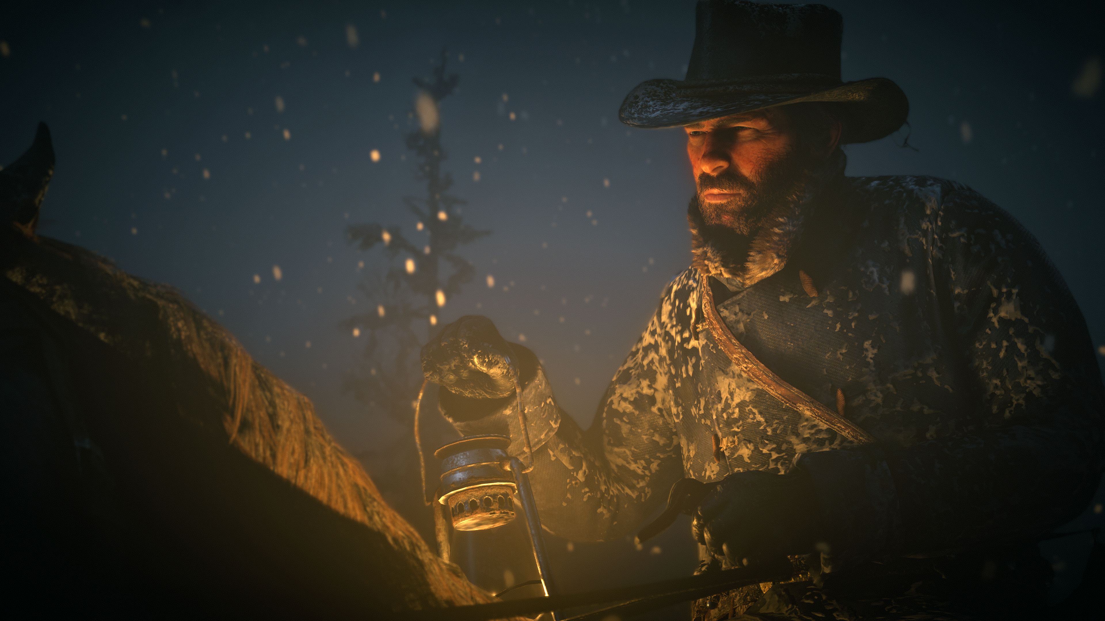 Arthur Morgan, lit kerosene lantern, riding horse, 4K Desktop wallpaper