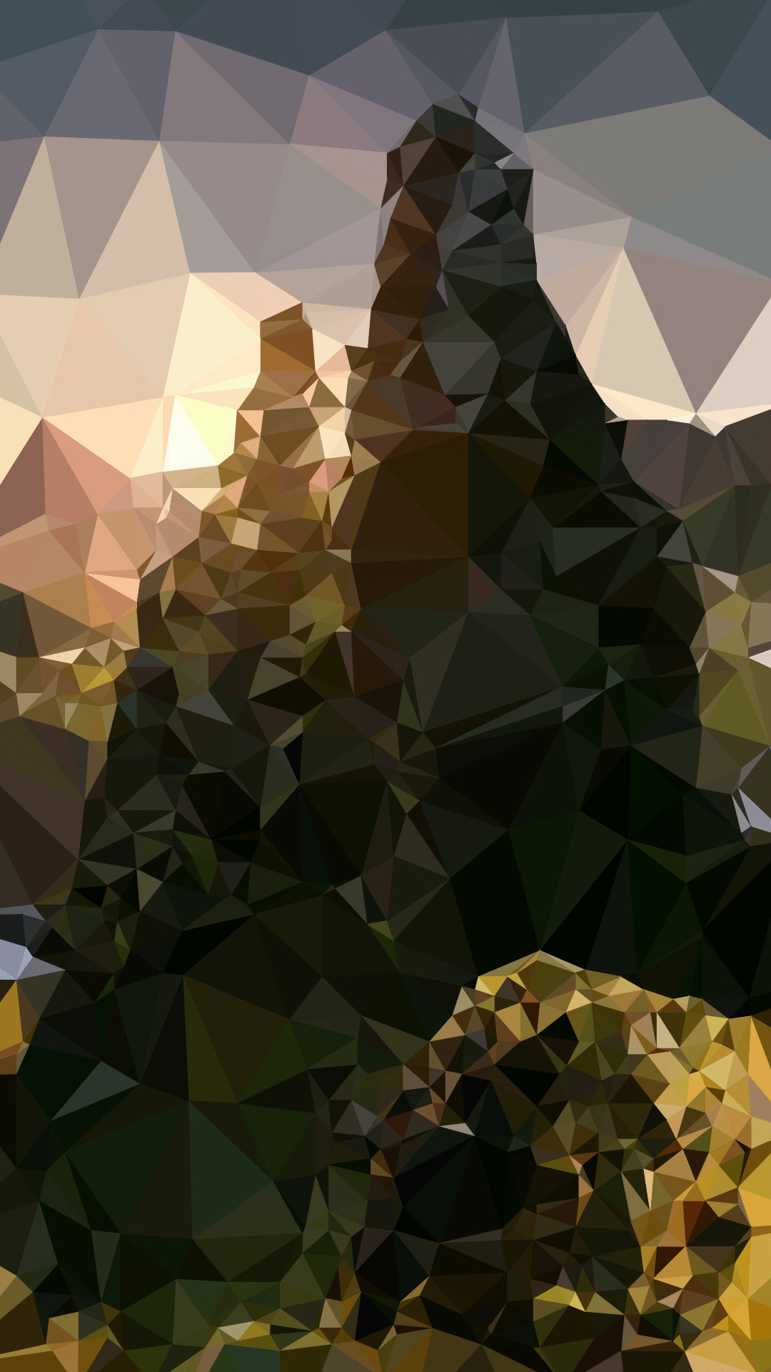 polygonal rock pinnacle, low poly mountain crag, geometric sunset sky, Full HD Phone wallpaper