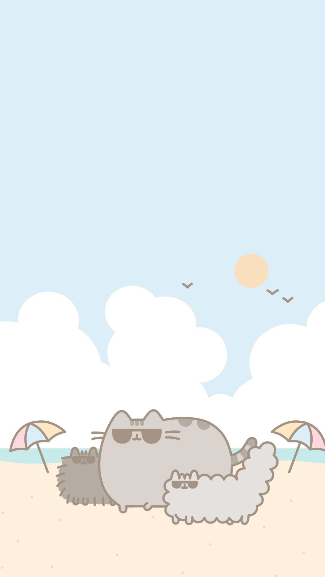 Pusheen wearing sunglasses, Stormy and Pip cats, Beach umbrellas in sand, Full HD Phone wallpaper