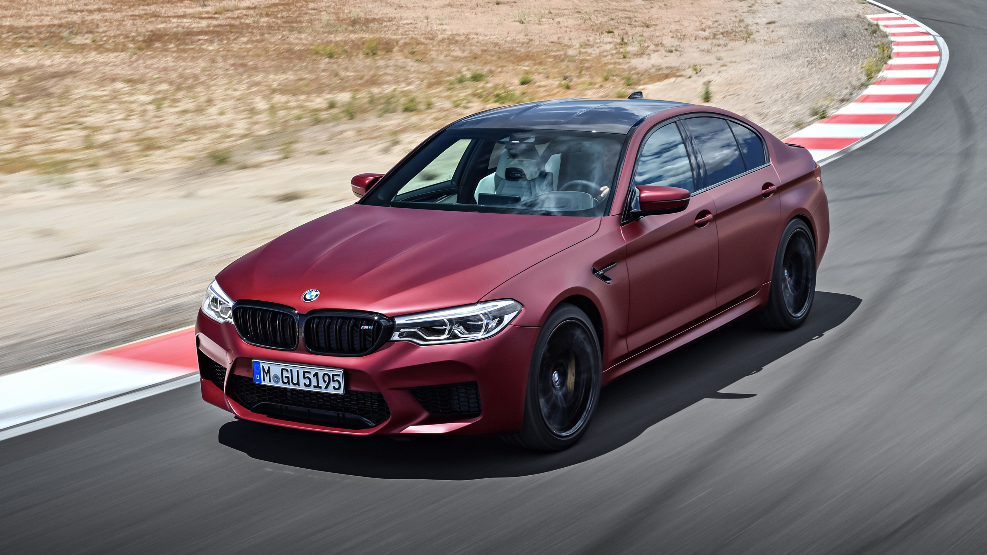 BMW M5 First Edition, M GU 5195 license plate, racetrack kerb, 4K Desktop wallpaper