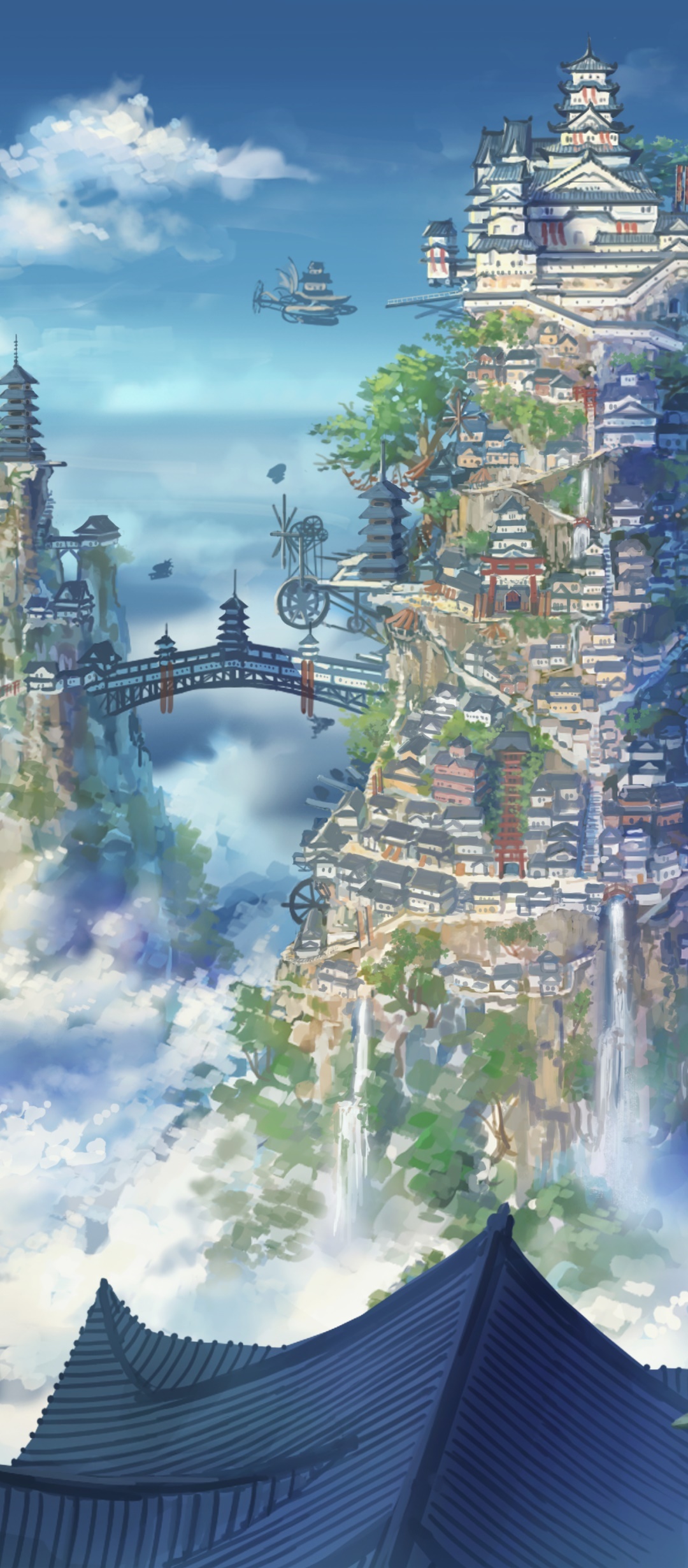 cliffside Japanese castle, flying steampunk airship, mountain gorge bridge, HD Phone wallpaper
