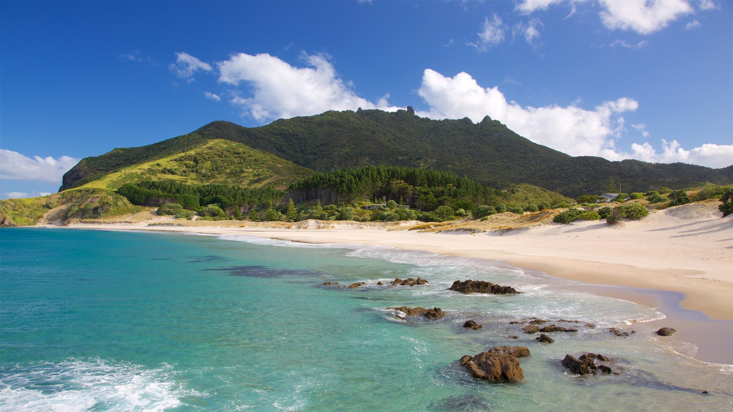 Ocean Beach Whangarei Heads, Bream Head mountain ridge, turquoise coastal shallows, HD Desktop wallpaper