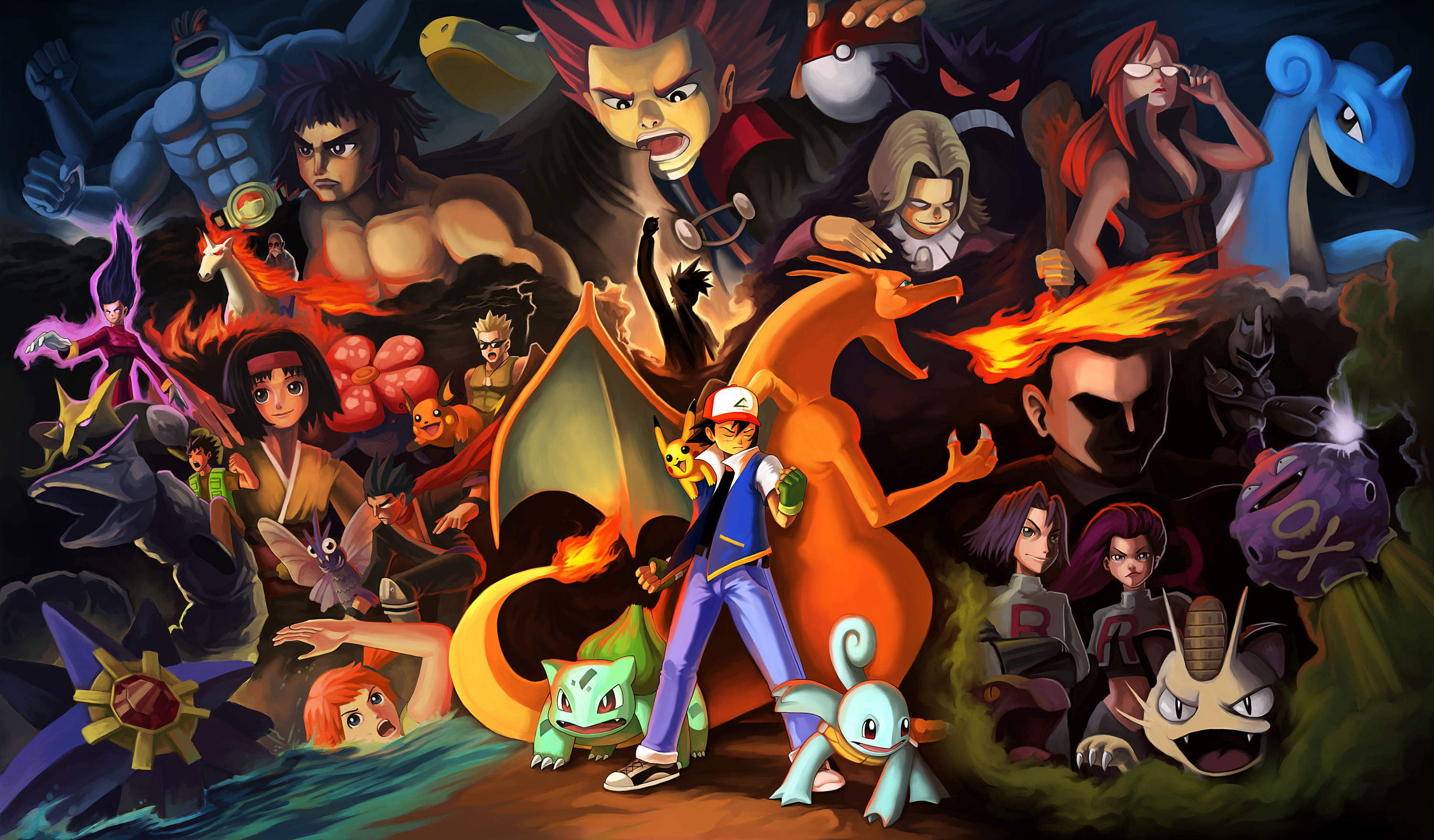 Ash Ketchum, Pikachu, Charizard, Team Rocket, Kanto Gym Leaders, HD Desktop wallpaper