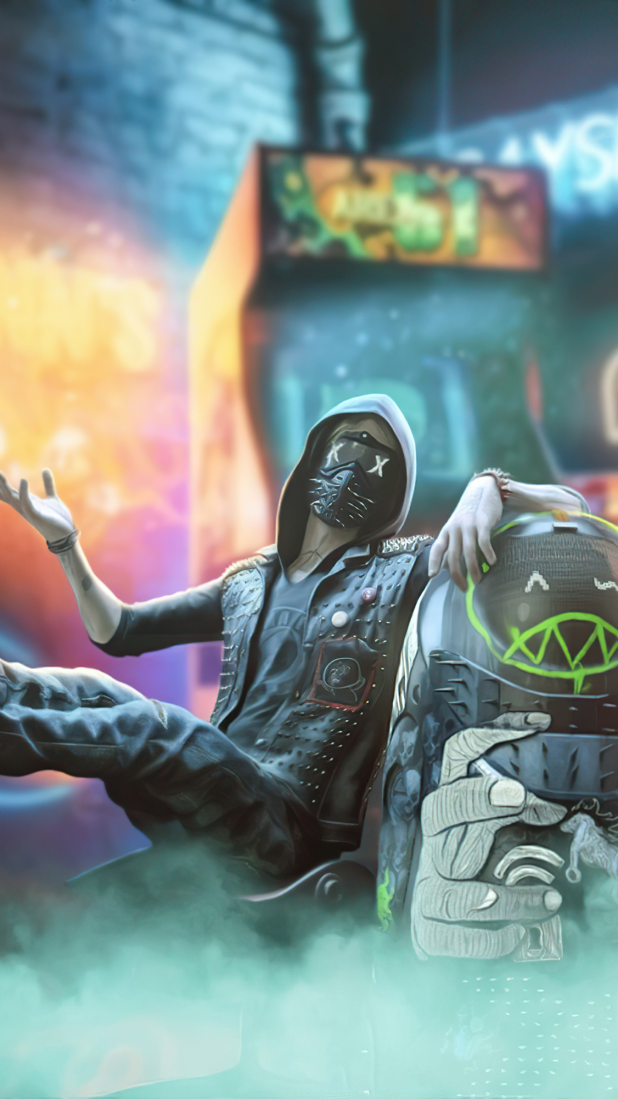 Wrench Watch Dogs 2, Wrench Jr robot, neon arcade cabinet, 4K Phone wallpaper