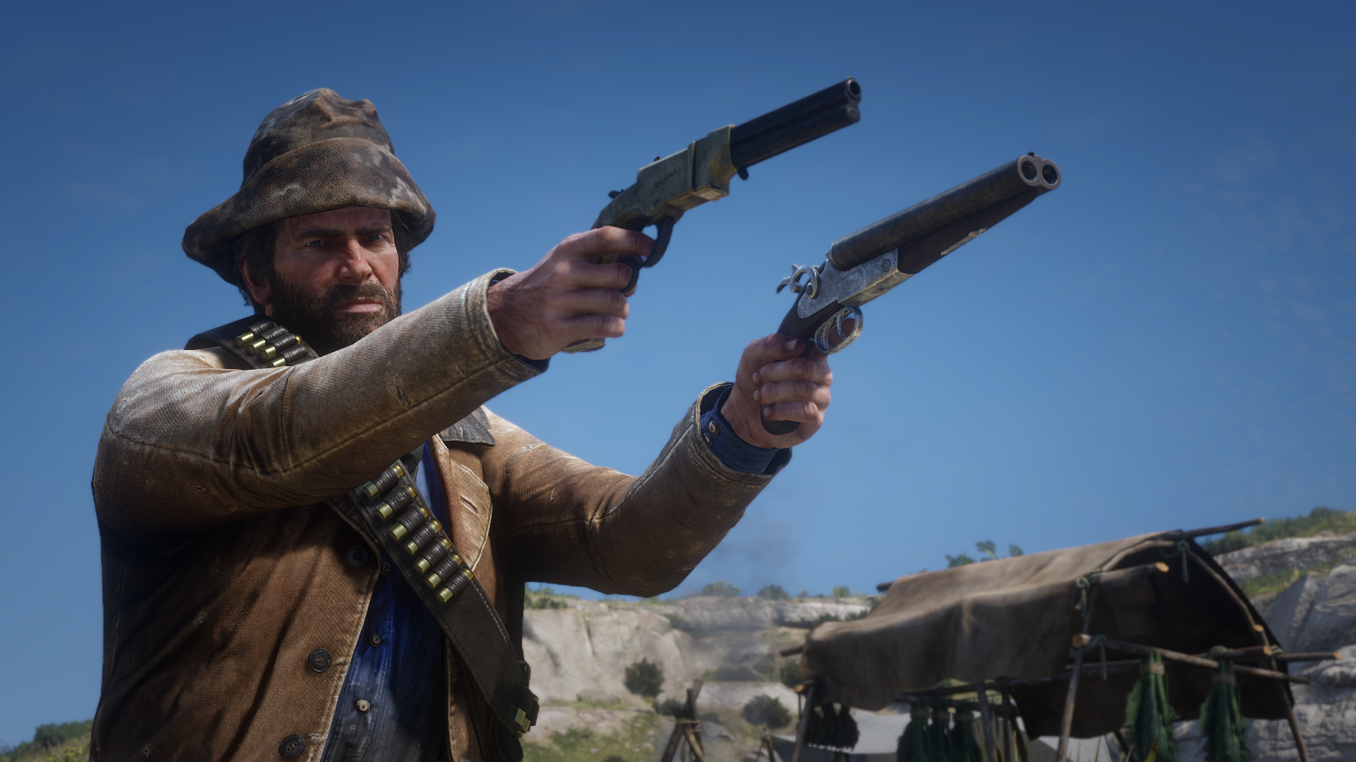 Arthur Morgan, Volcanic Pistol, sawed-off shotgun, Full HD Desktop wallpaper