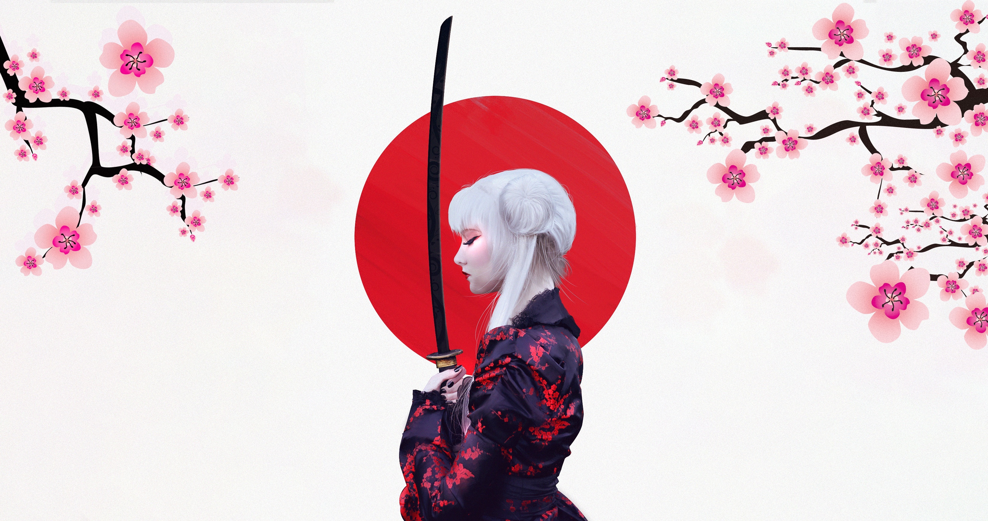 White-haired samurai woman, Black katana sword, Pink cherry blossom branches, HD Desktop wallpaper