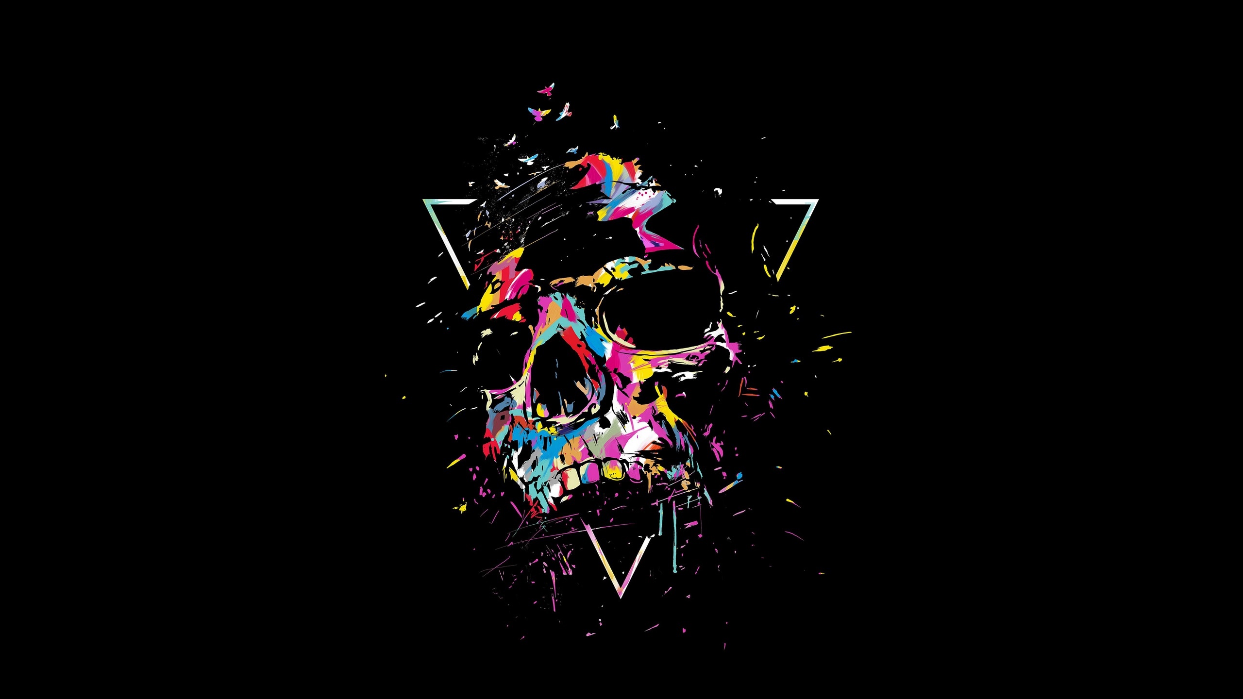 Fragmented CMYK splash skull, Thin triangle outline, Scattered paint flecks, HD Desktop wallpaper