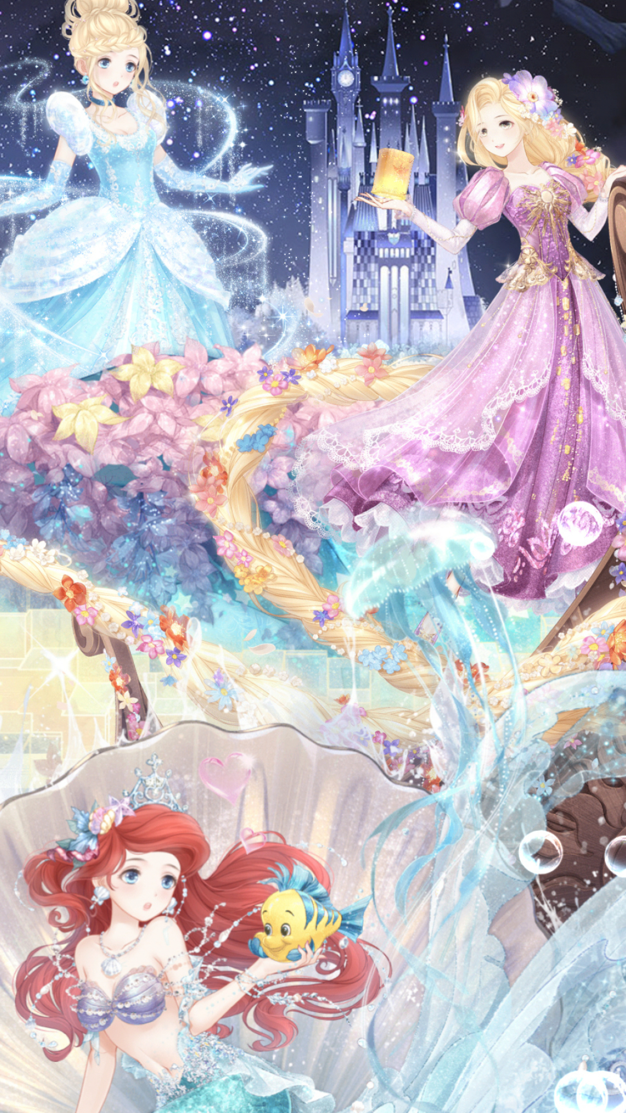 Ariel, Rapunzel, Cinderella, Flounder, Cinderella Castle, HD Phone wallpaper