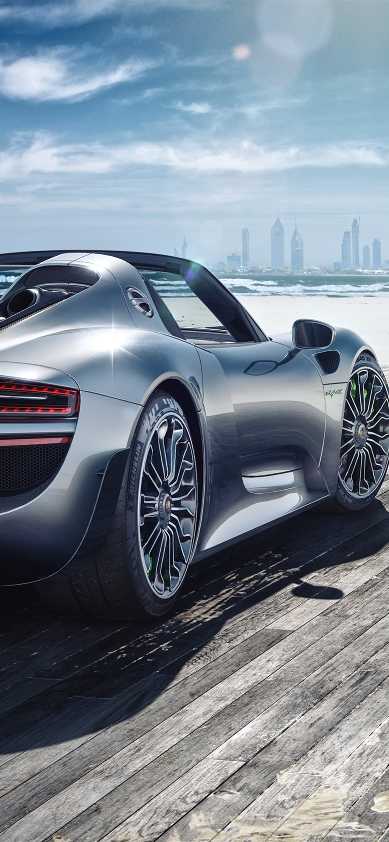 Porsche 918 Spyder, Wooden plank boardwalk, Distant coastal skyline, HD Phone wallpaper