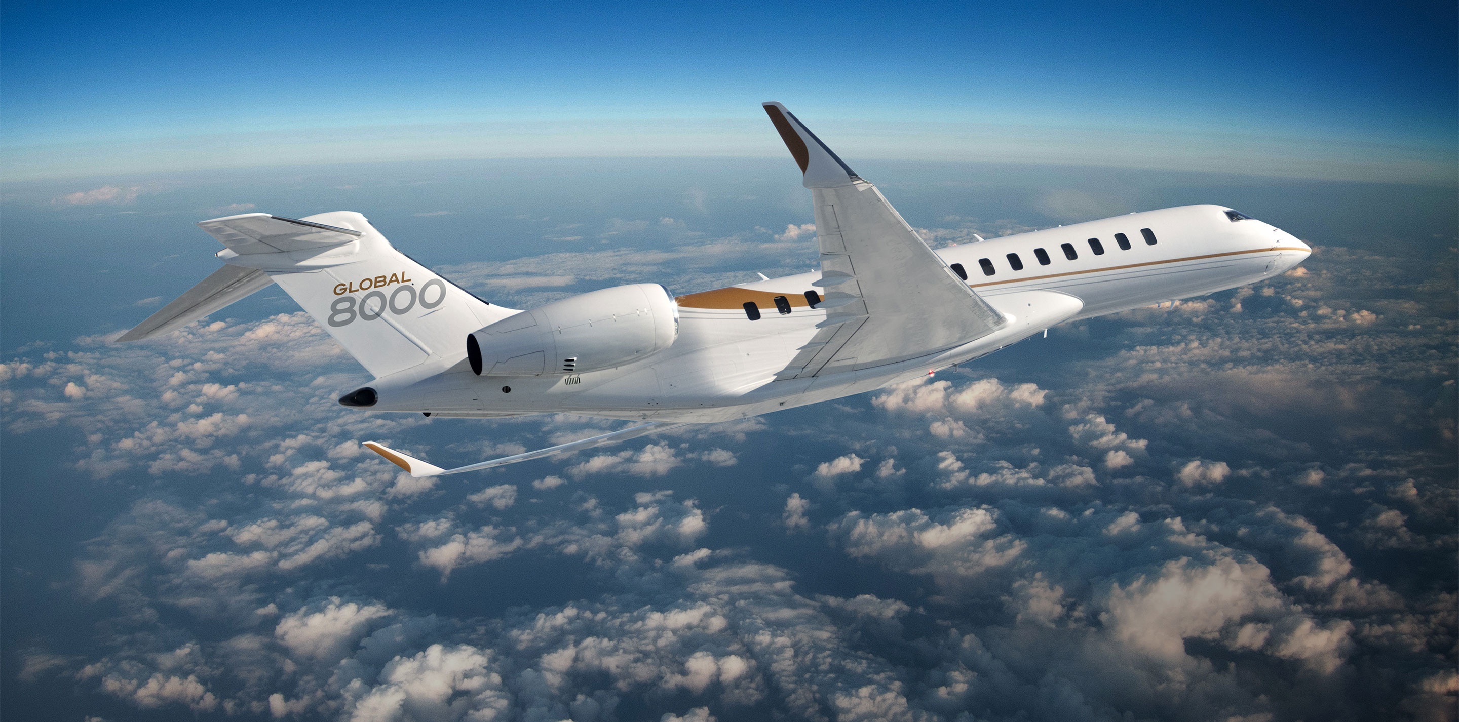 Bombardier Global 8000, Cumulus cloud deck, High altitude sky, Dual Screen Desktop wallpaper