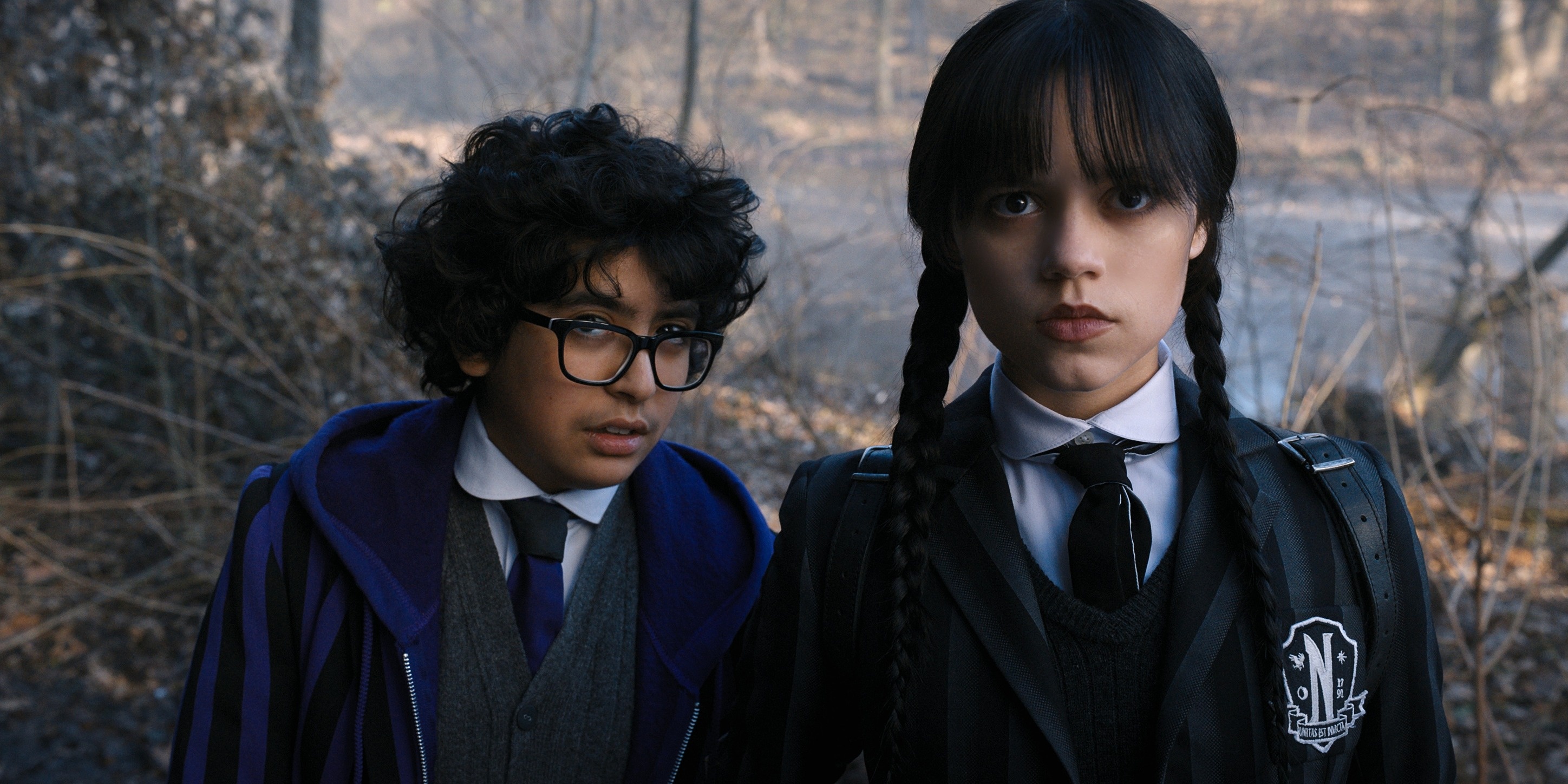 Wednesday Addams, Eugene Otinger, Nevermore Academy uniform, Dual Screen Desktop wallpaper