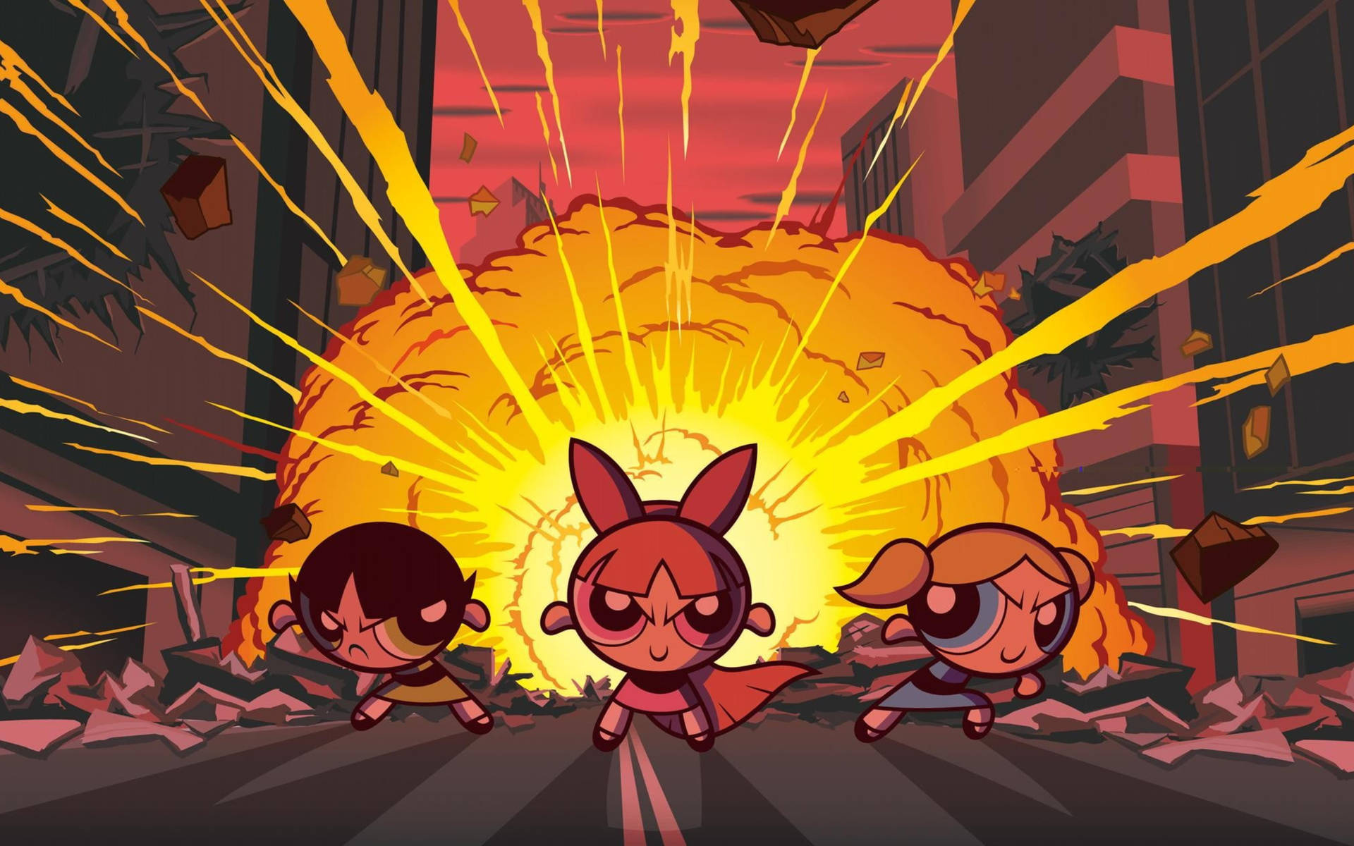 Blossom, Buttercup, Bubbles, Fiery street explosion, HD Desktop wallpaper