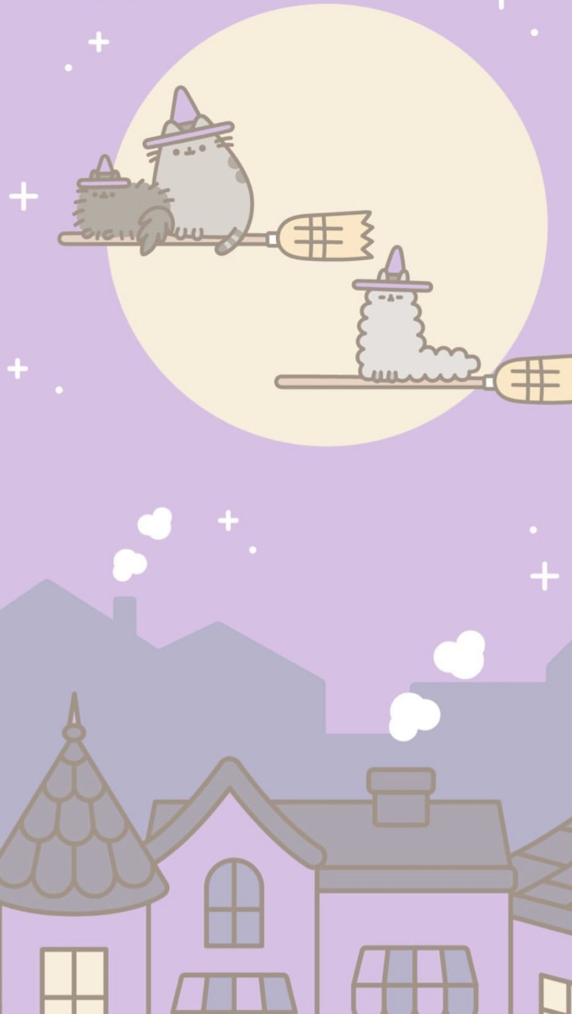 Witch Pusheen on broomstick, Stormy and Pip cats, Pastel purple moonlit sky, HD Phone wallpaper
