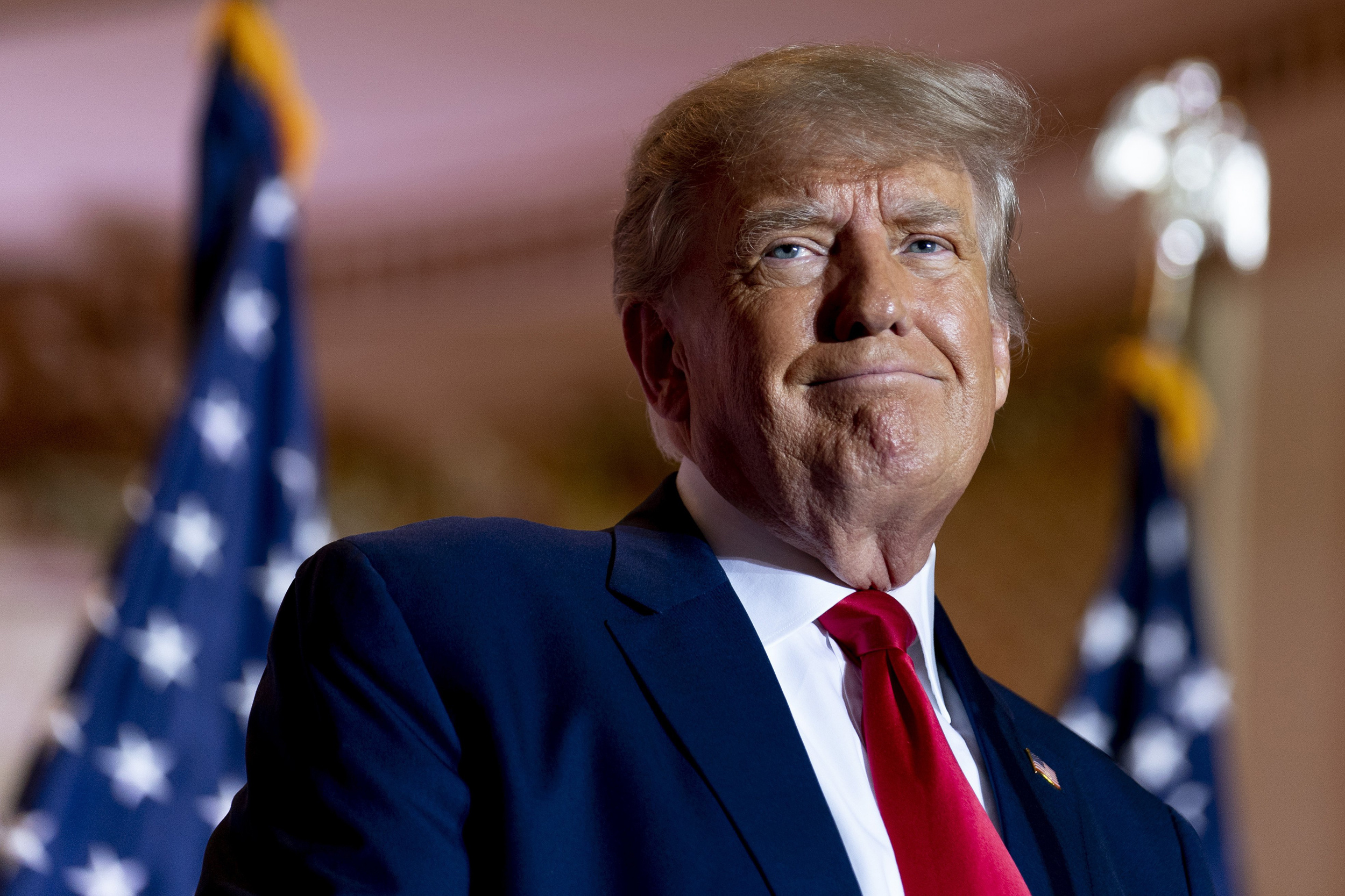 Donald Trump, United States flag, navy suit and red tie, HD Desktop wallpaper