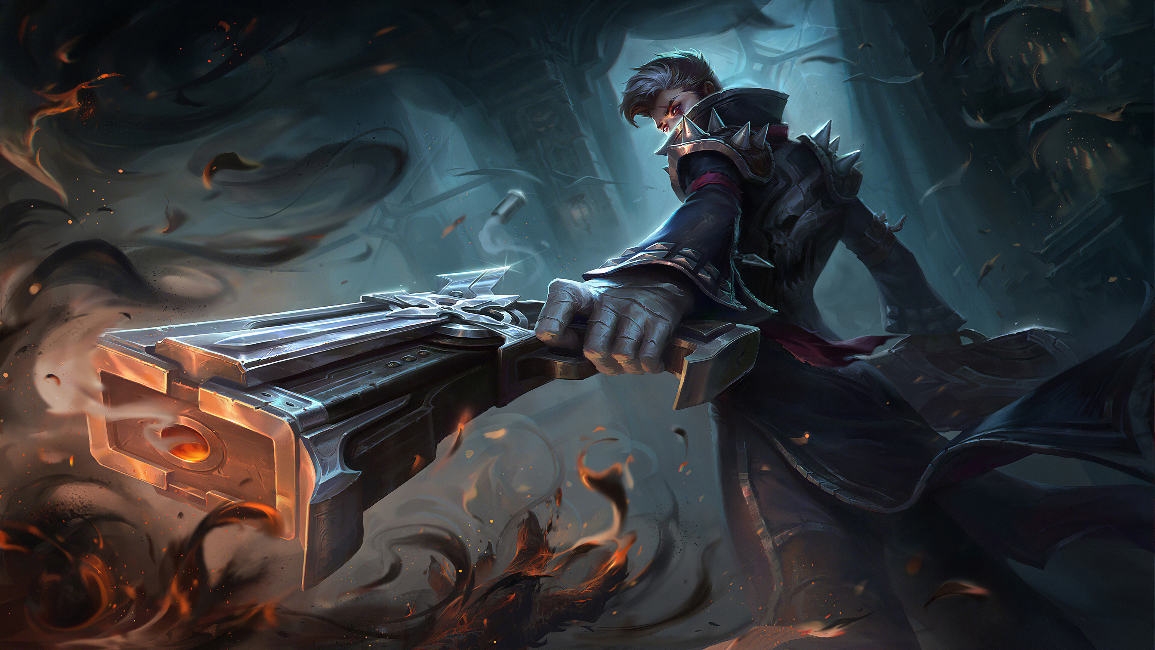 Granger Mobile Legends, heavy hand cannon gun, dark smoke and embers, 4K Desktop wallpaper