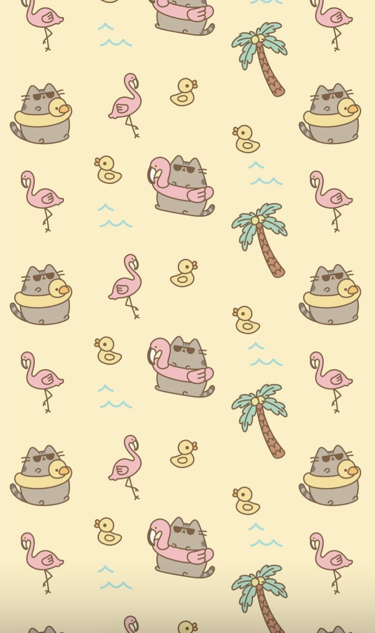 Pusheen wearing sunglasses, Flamingo pool float, Tropical palm tree pattern, HD Phone wallpaper