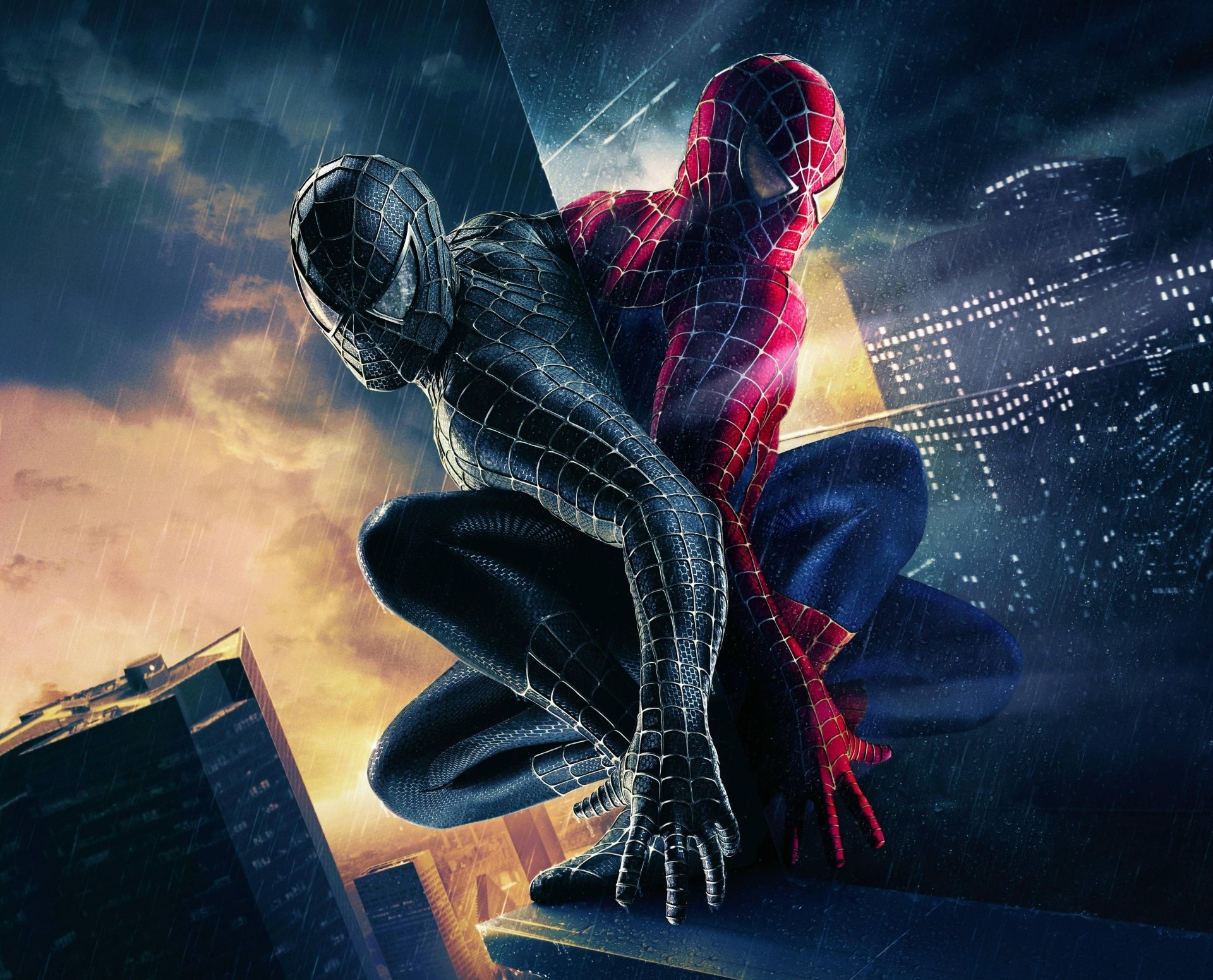 Black Suit Spider-Man, Classic Spider-Man, Rainy city rooftop, HD Desktop wallpaper