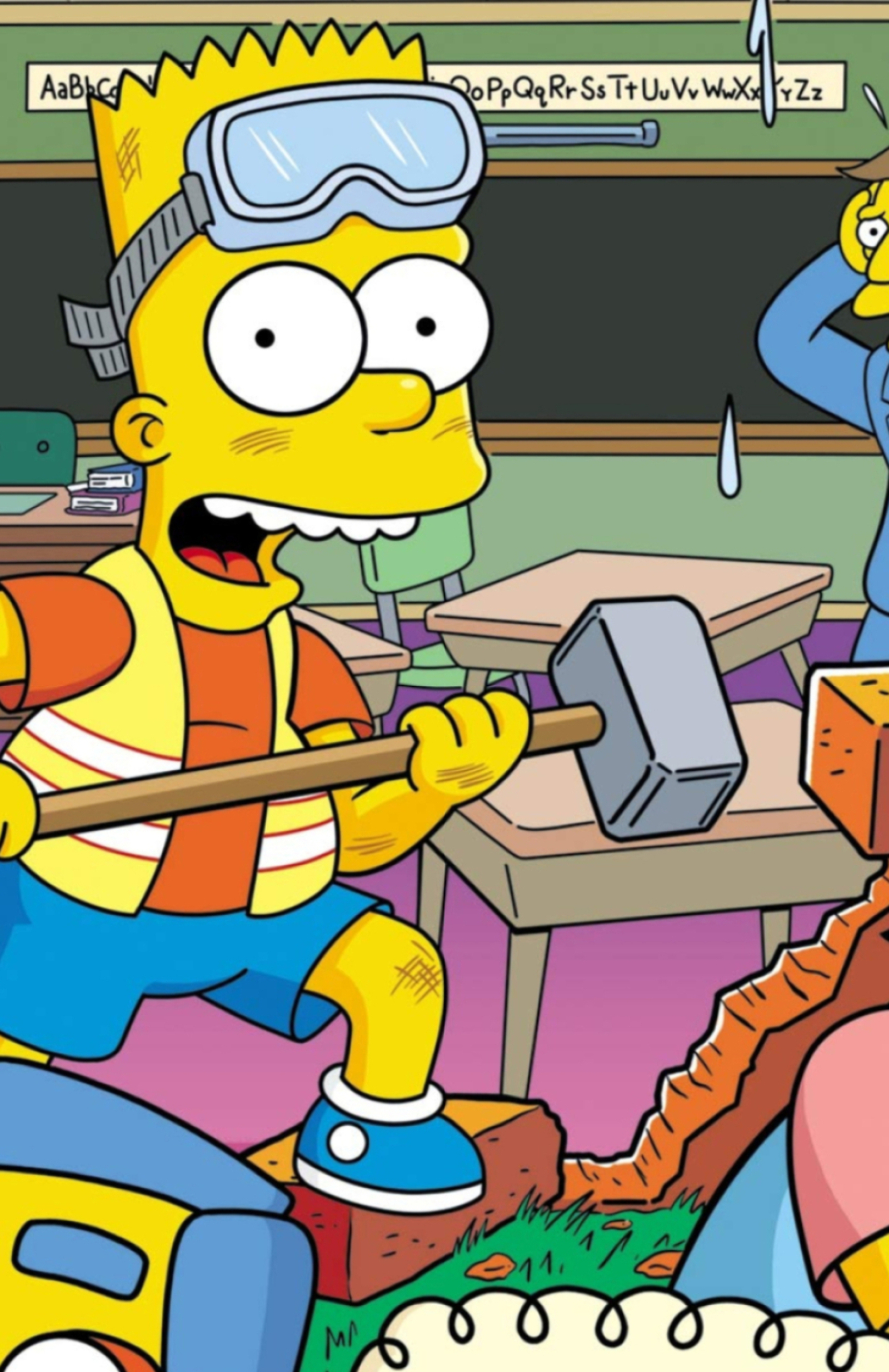 Bart Simpson with sledgehammer, Springfield Elementary School classroom, Construction safety goggles, HD Phone wallpaper