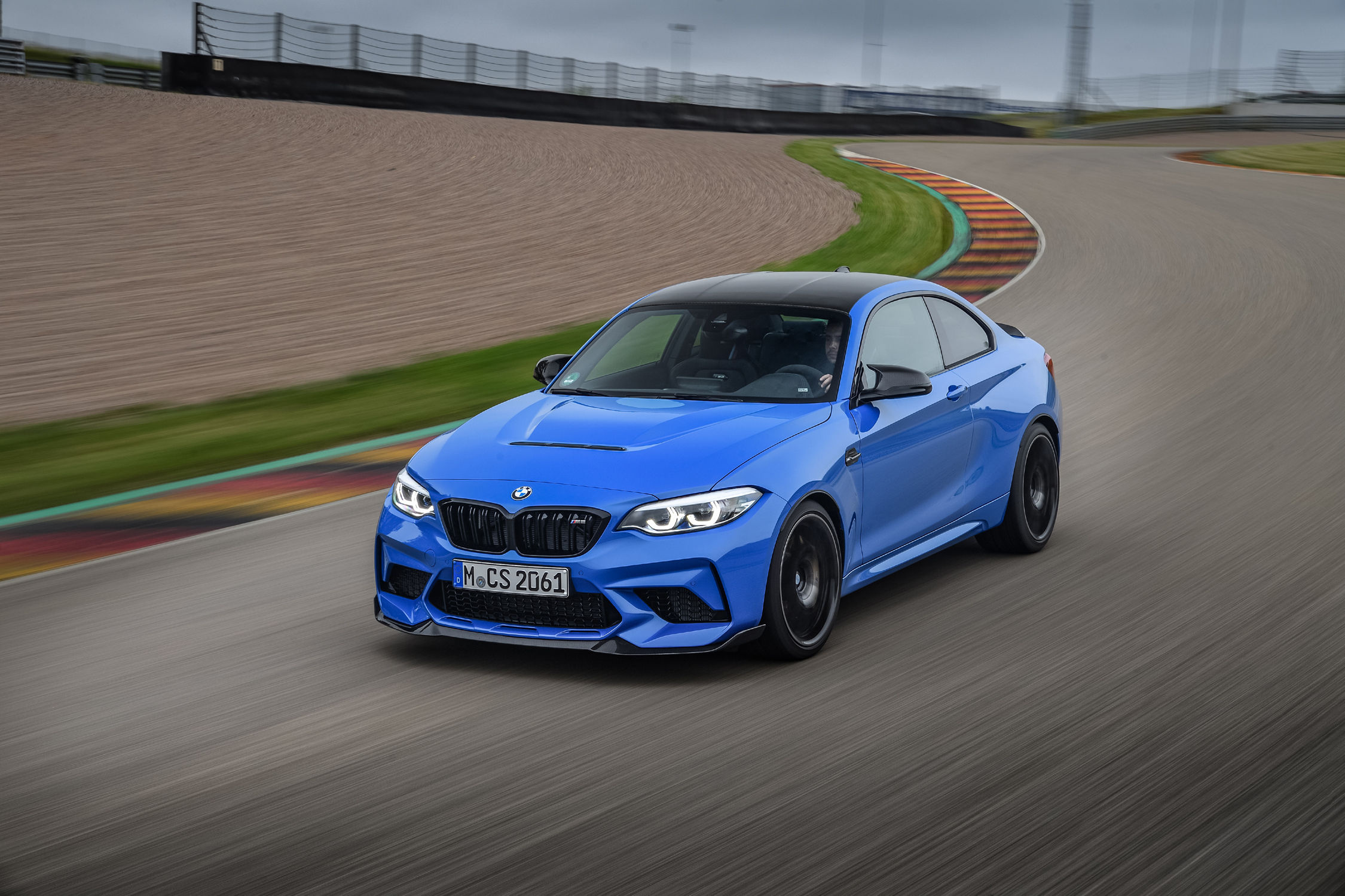 BMW M2 CS, Misano Blue Metallic paint, Racetrack corner kerb, HD Desktop wallpaper