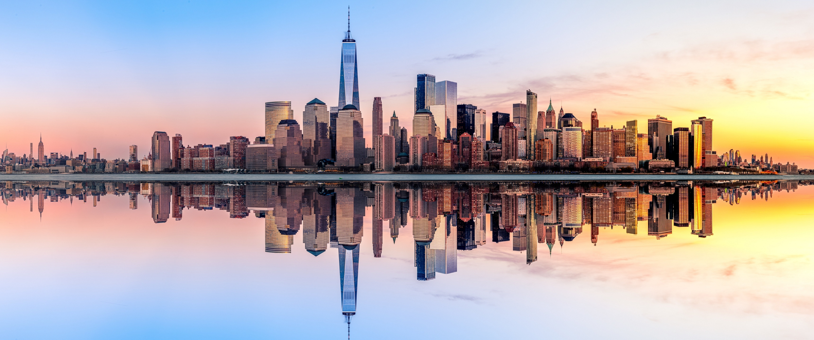 NY Skyline, Panorama, Sunset, Skyscrapers, River Reflection, Empire State Building, 3440x1440p