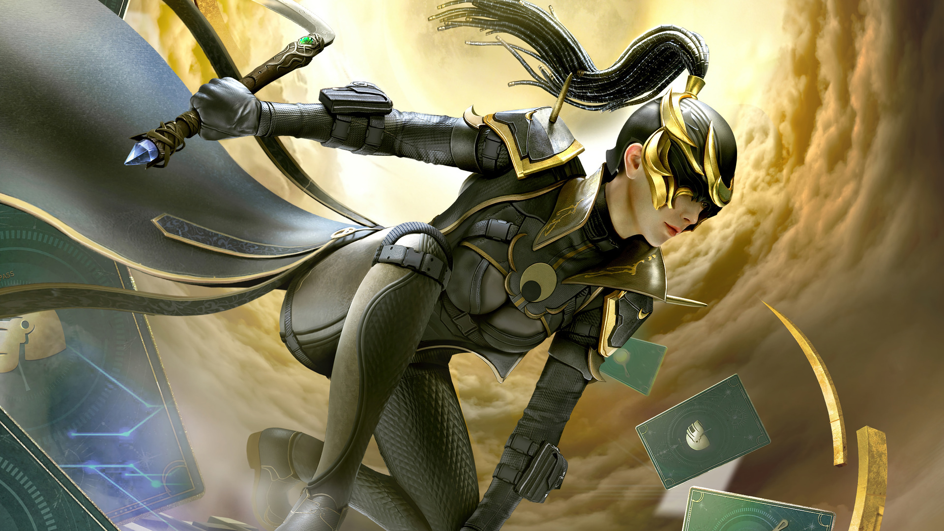 PUBG Mobile female warrior, golden eye mask, floating tarot cards, Full HD Desktop wallpaper