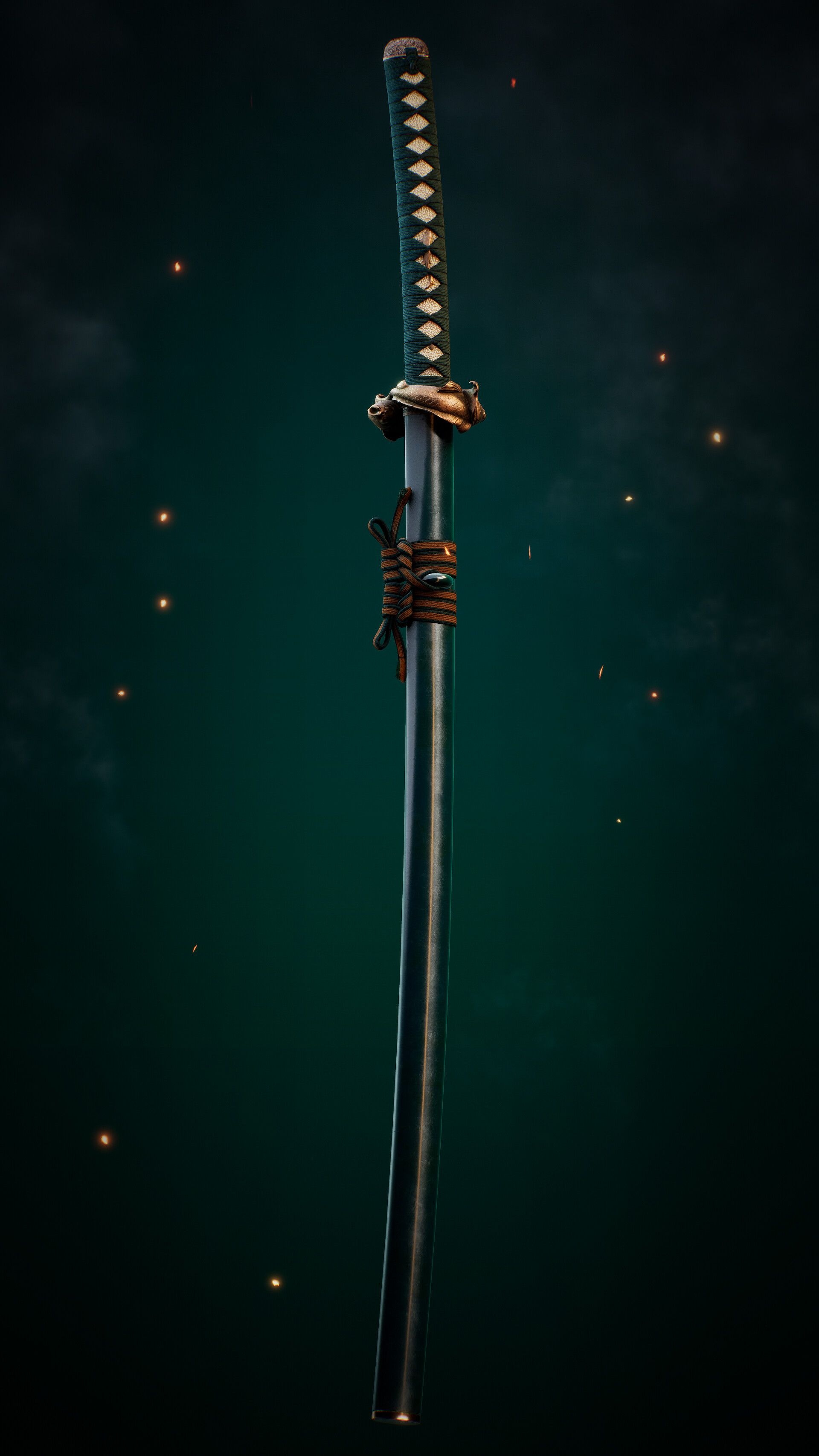 Sheathed Japanese katana, Sculpted dragon tsuba guard, Floating glowing embers, HD Phone wallpaper