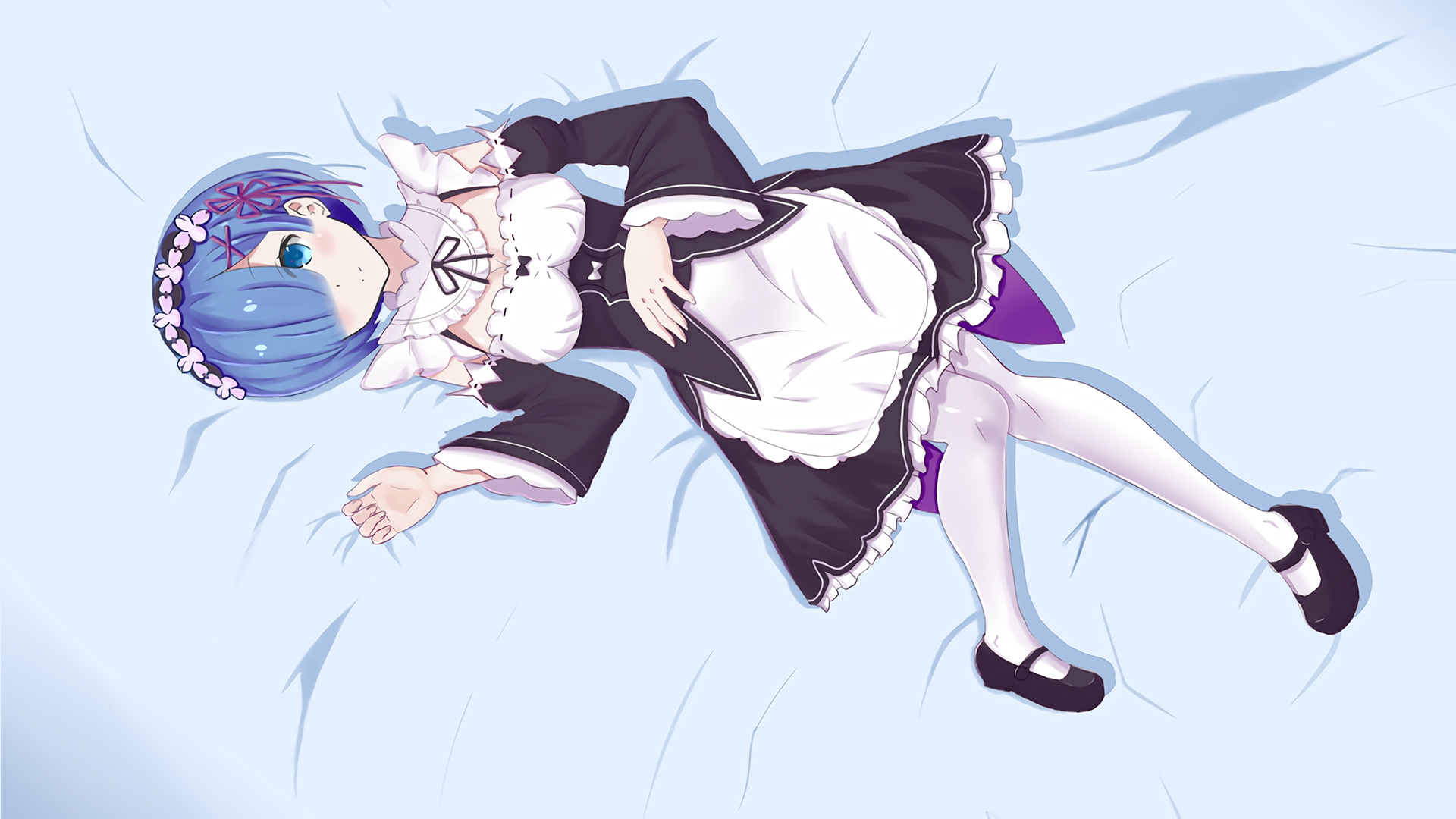 Rem from Re:Zero, Maid uniform, White bedsheet, Full HD Desktop wallpaper
