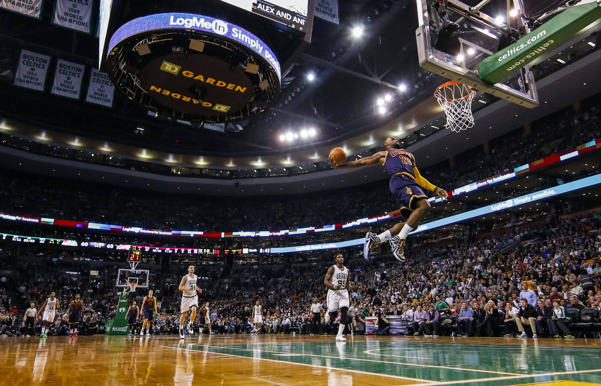 LeBron James dunk, TD Garden arena, Boston Celtics parquet court, HD Desktop wallpaper