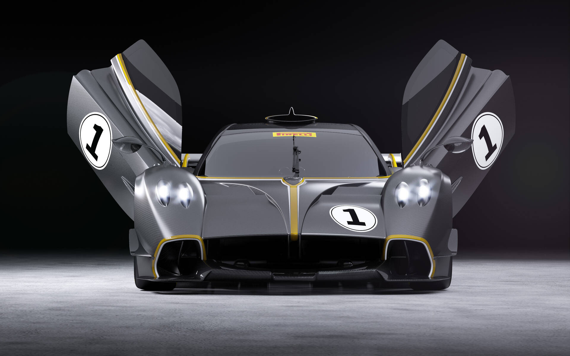 Pagani Huayra R, open butterfly doors, dark studio setting, HD Desktop wallpaper
