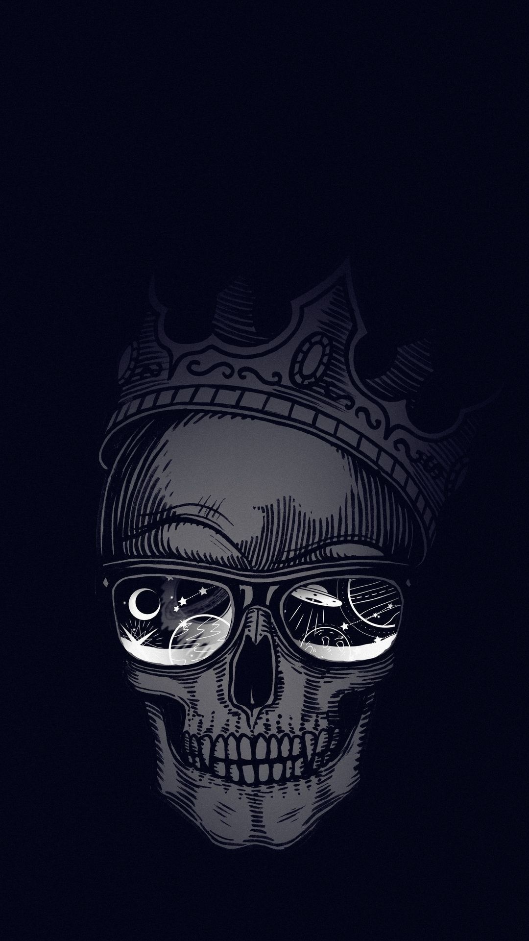 Crowned skull wearing glasses, Night sky inside lenses, Engraved hatching style, Full HD Phone wallpaper