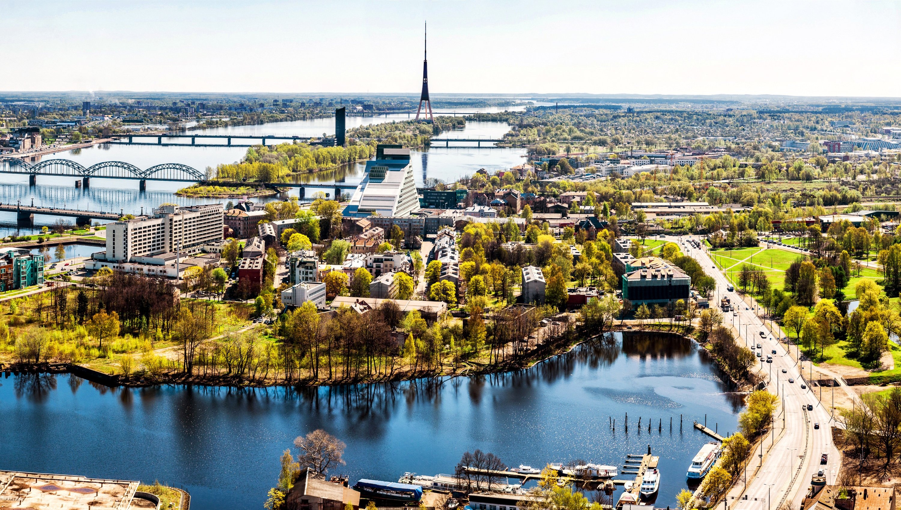 Latvia houses, Rivers, Bridges, Riga cities, 3000x1700 HD Desktop